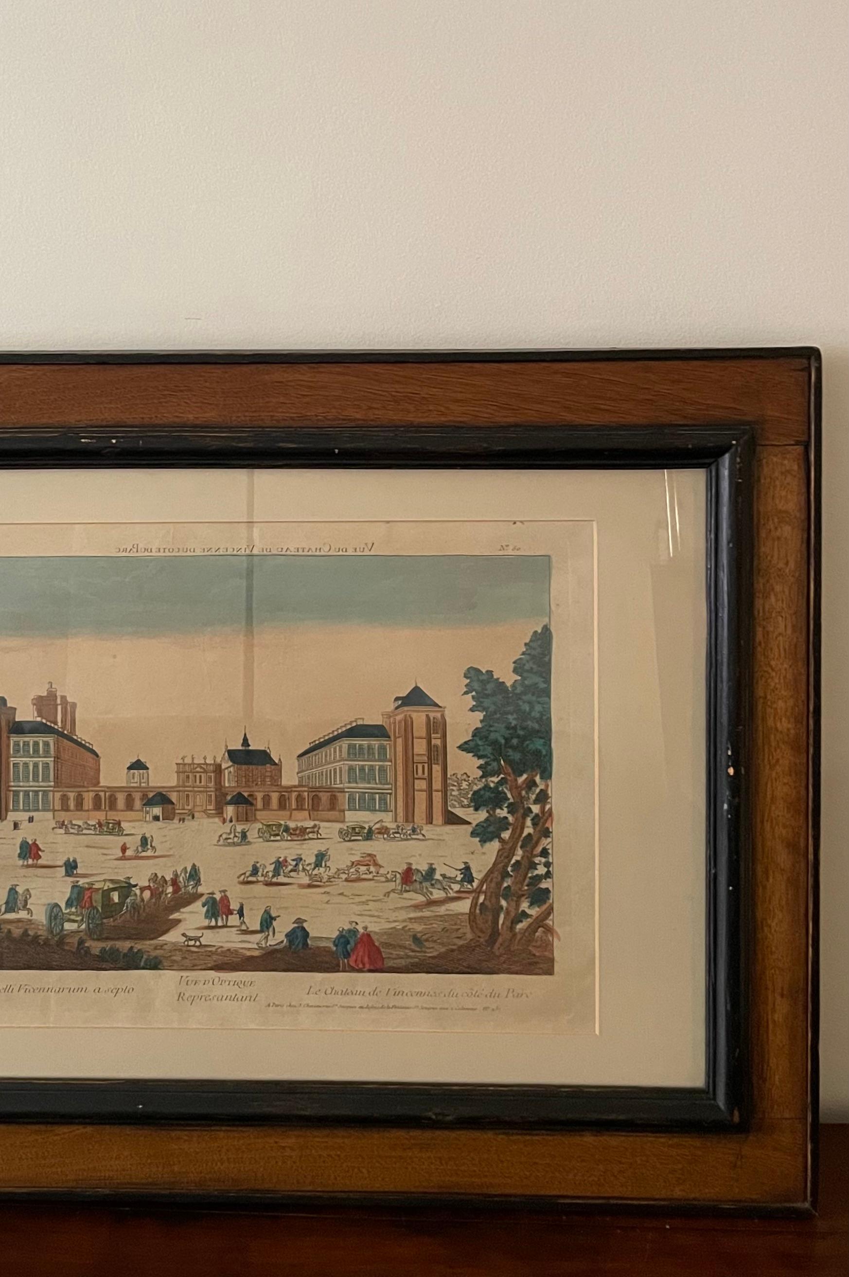 Optical coloured panoramic engraving with fernandine moulding. France, 18th century.

