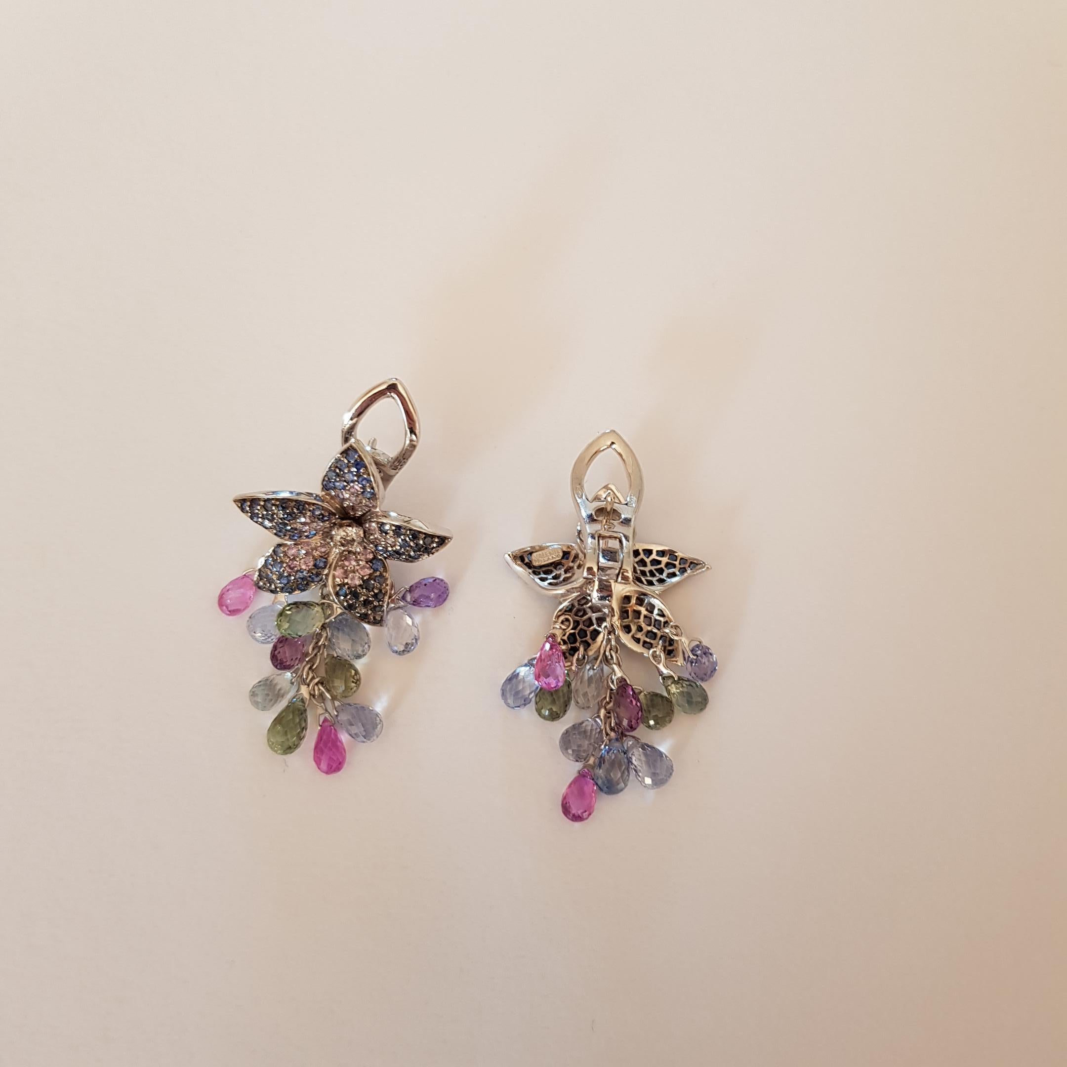 Modern Colored Sapphires Pierced and Clip Flower Earrings with Briolette Drops For Sale