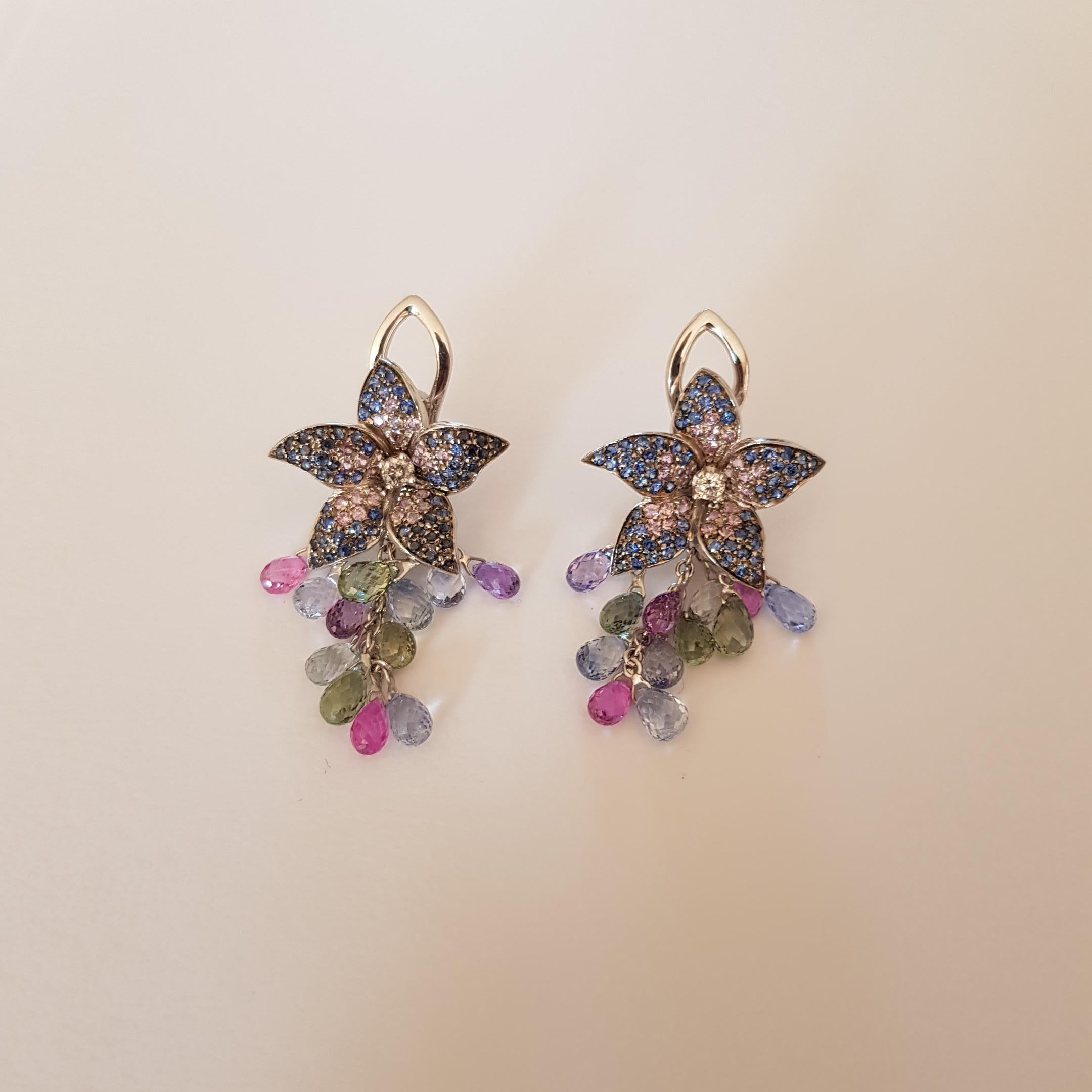 Round Cut Colored Sapphires Pierced and Clip Flower Earrings with Briolette Drops For Sale