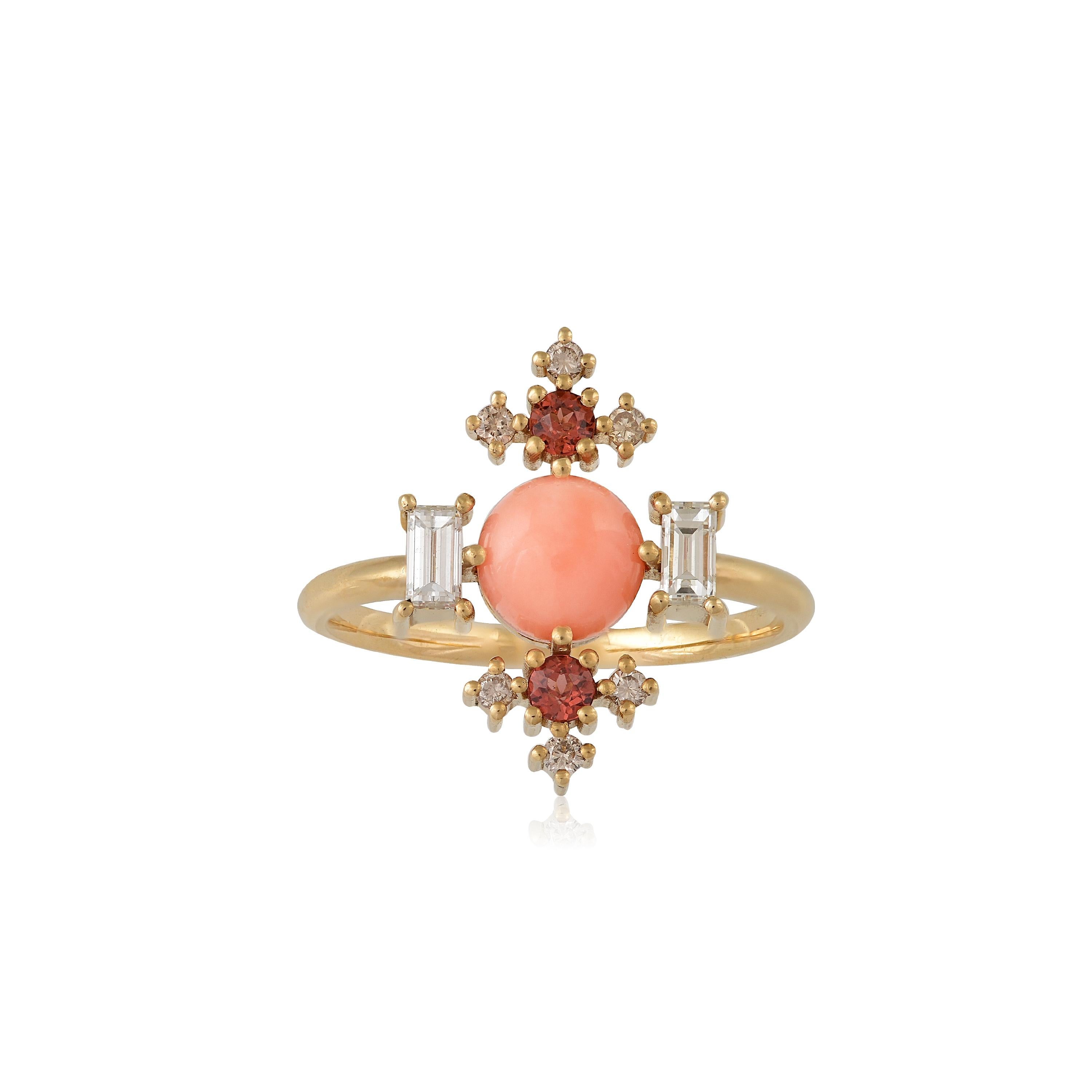 Designer: Alexia Gryllaki
Dimensions: L18x21mm
Ring Size UK P, US 7 3/4
Weight: approximately 4.0g  
Barcode: OFS031

Multi-stone ring in 18 karat yellow gold with a round cabochon coral approx. 0.60cts, round faceted garnets approx. 0.16cts,