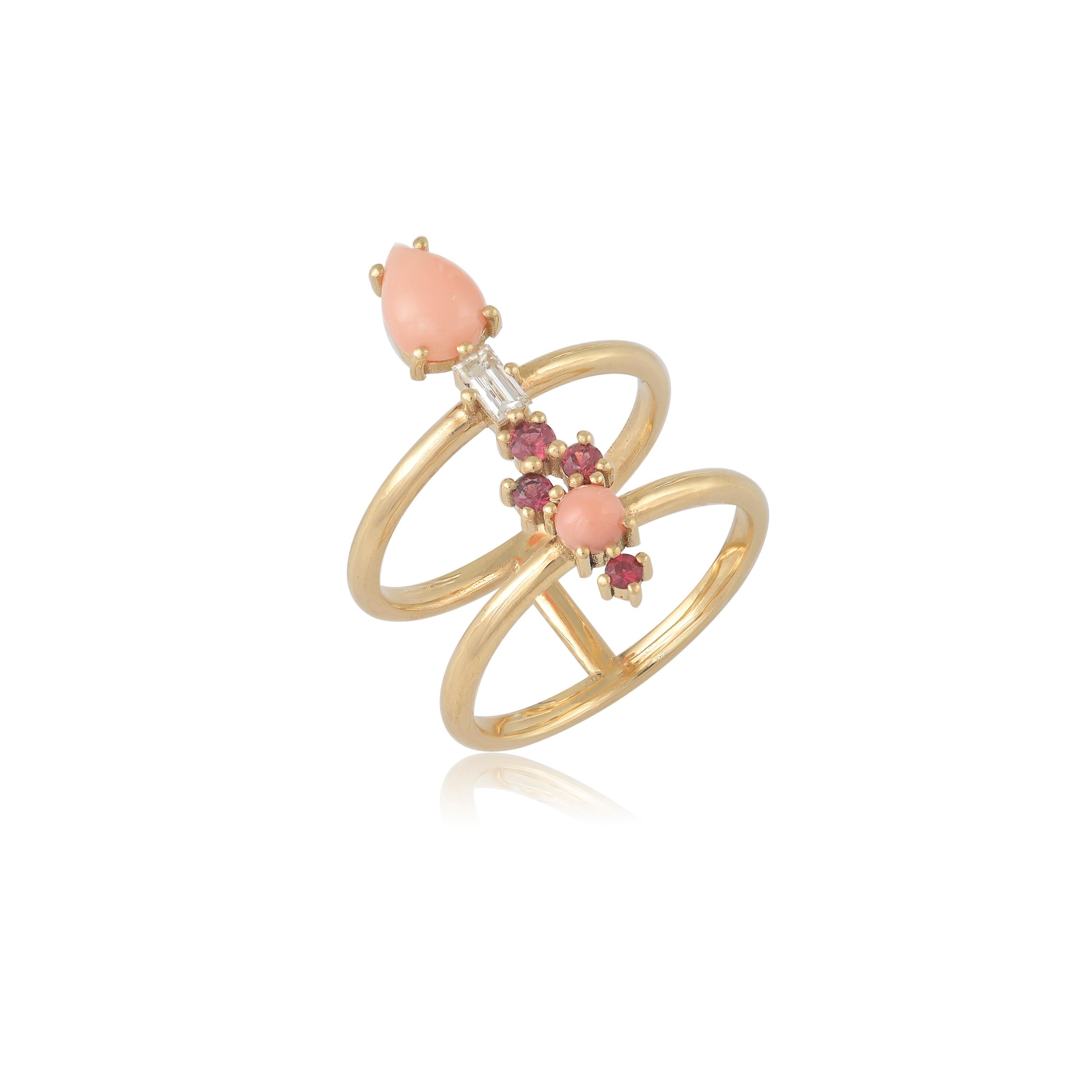 Designer: Alexia Gryllaki
Dimensions: L23x20mm
Ring Size UK N 1/2, US 7 1/2
Weight: approximately 4.6g  
Barcode: OFS020

Multi-stone ring in 18 karat yellow gold with round and pear shape cabochon angel-skin corals approx. 0.74cts, round faceted