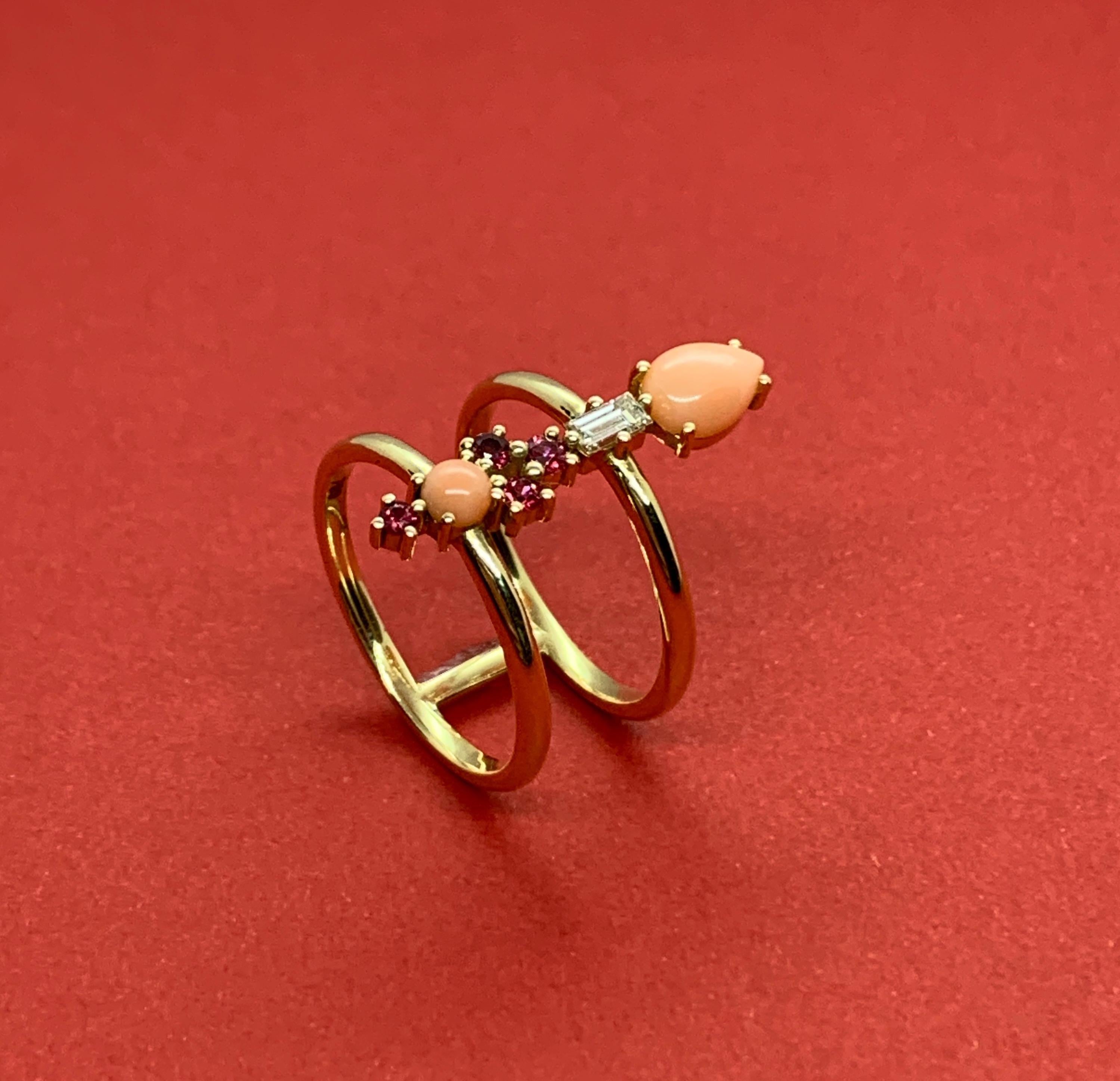 Contemporary Colorful 18 Karat Gold Ring with Spinels, Corals and a Baguette Diamond