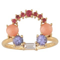 Colourful 18 Karat Gold Ring with Tanzanites, Spinels, Corals and A Diamond