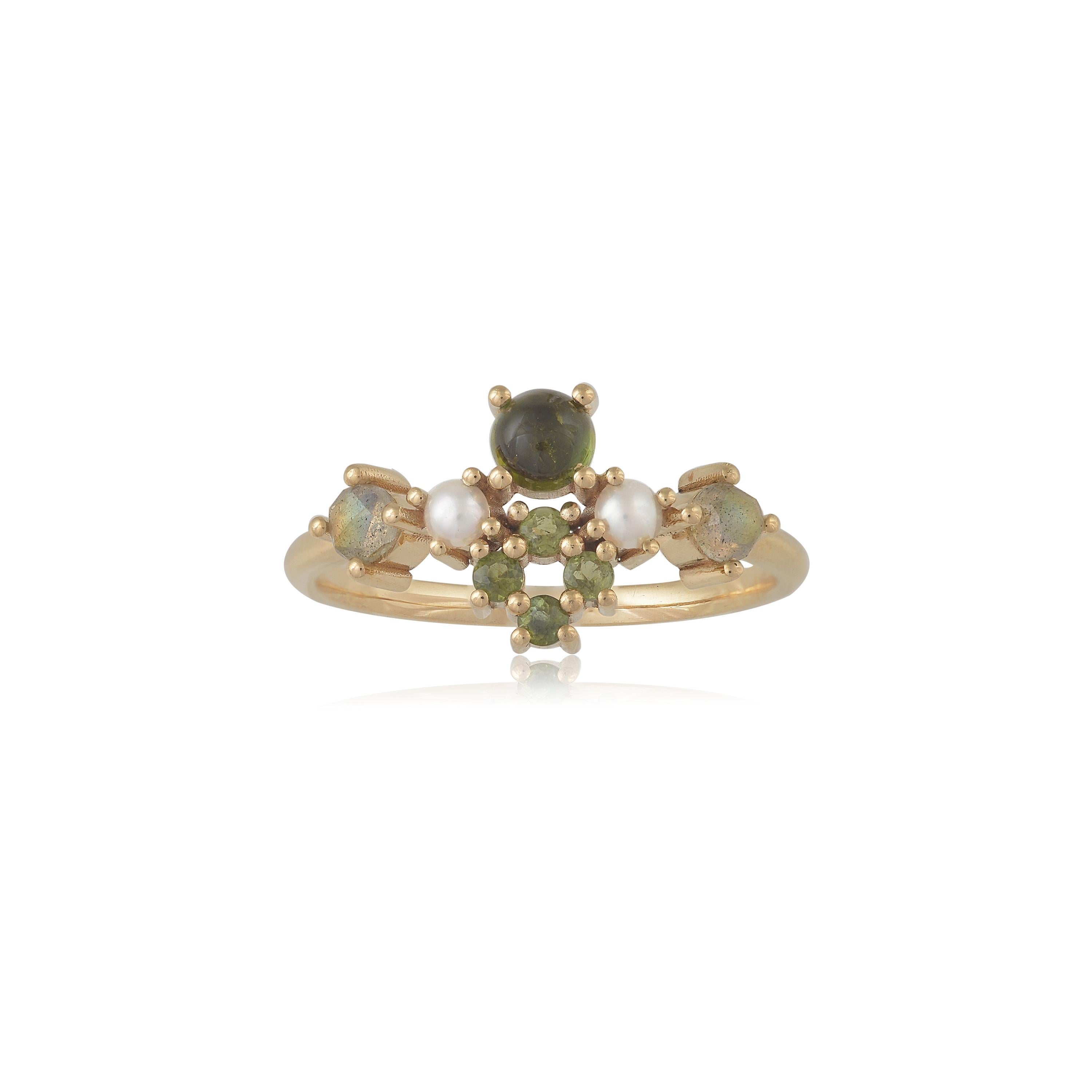 Designer: Alexia Gryllaki
Dimensions: L10x20mm
Ring Size UK P 1/2, US 8
Weight: approximately 3.1g  
Barcode: OFS012

Multi-stone ring in 18 karat yellow gold with round faceted and cabochon green tourmalines approx. 0.45cts, round faceted