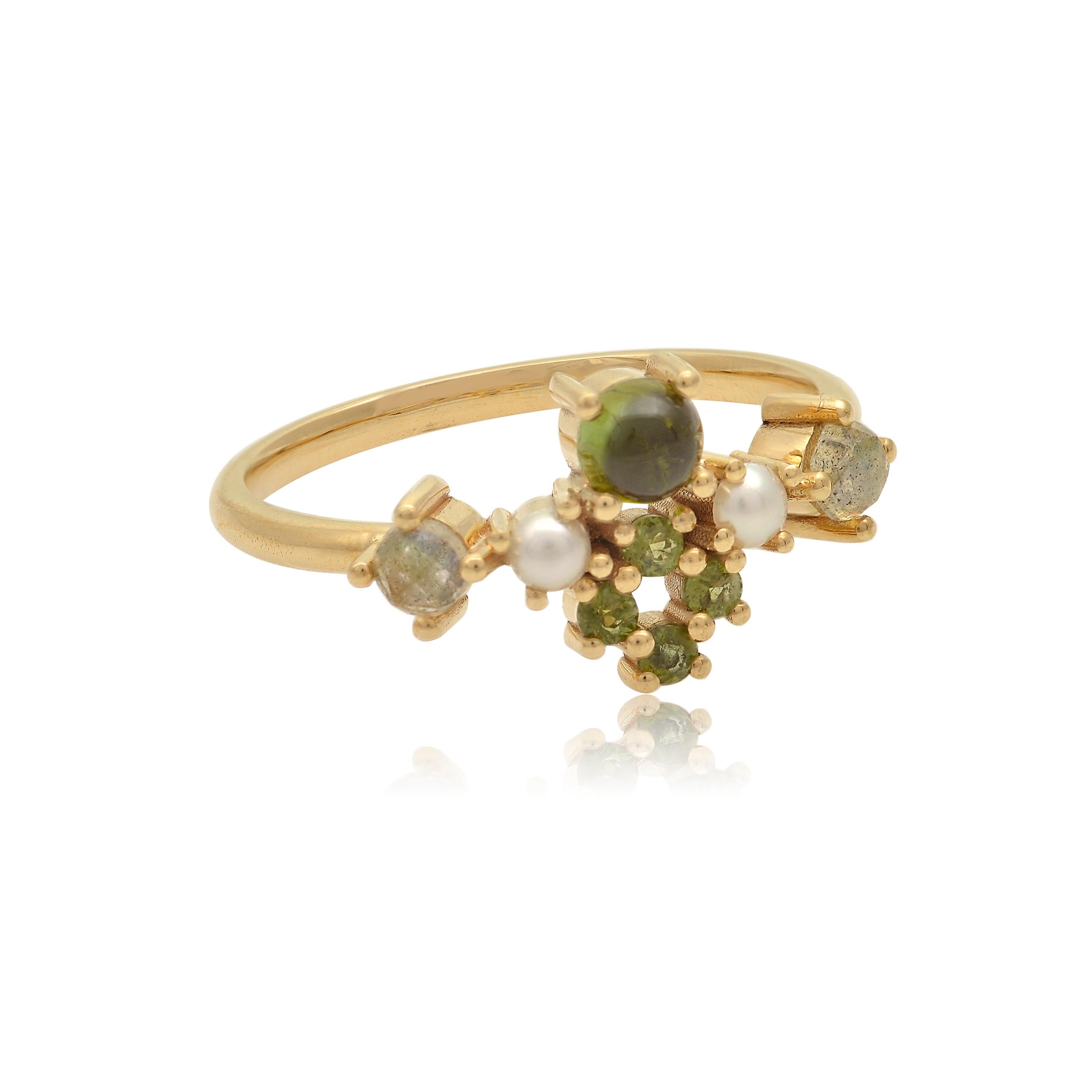 Contemporary Colourful 18 Karat Gold Ring with Tourmalines, Labradorites and Cultured Pearls