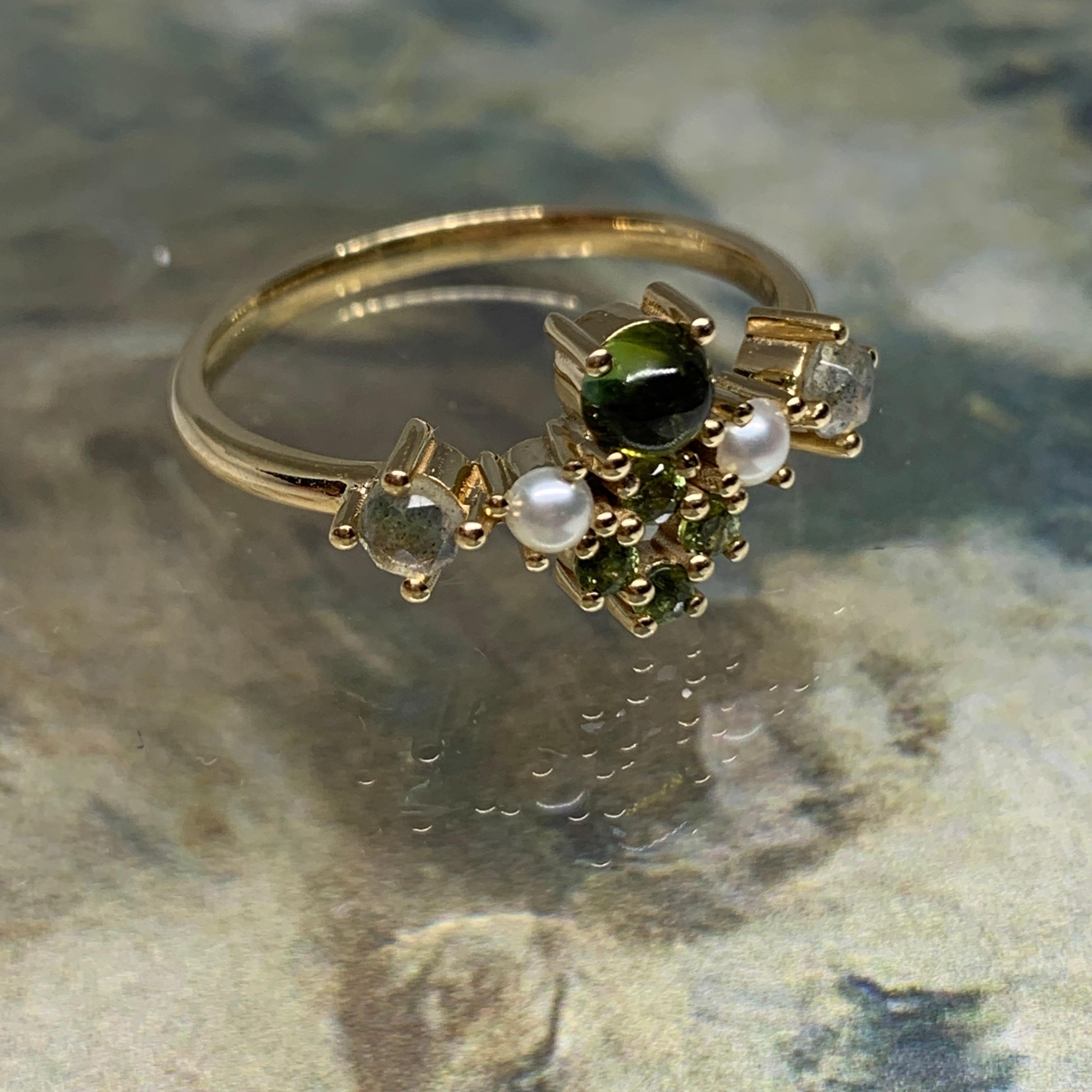 Women's Colourful 18 Karat Gold Ring with Tourmalines, Labradorites and Cultured Pearls