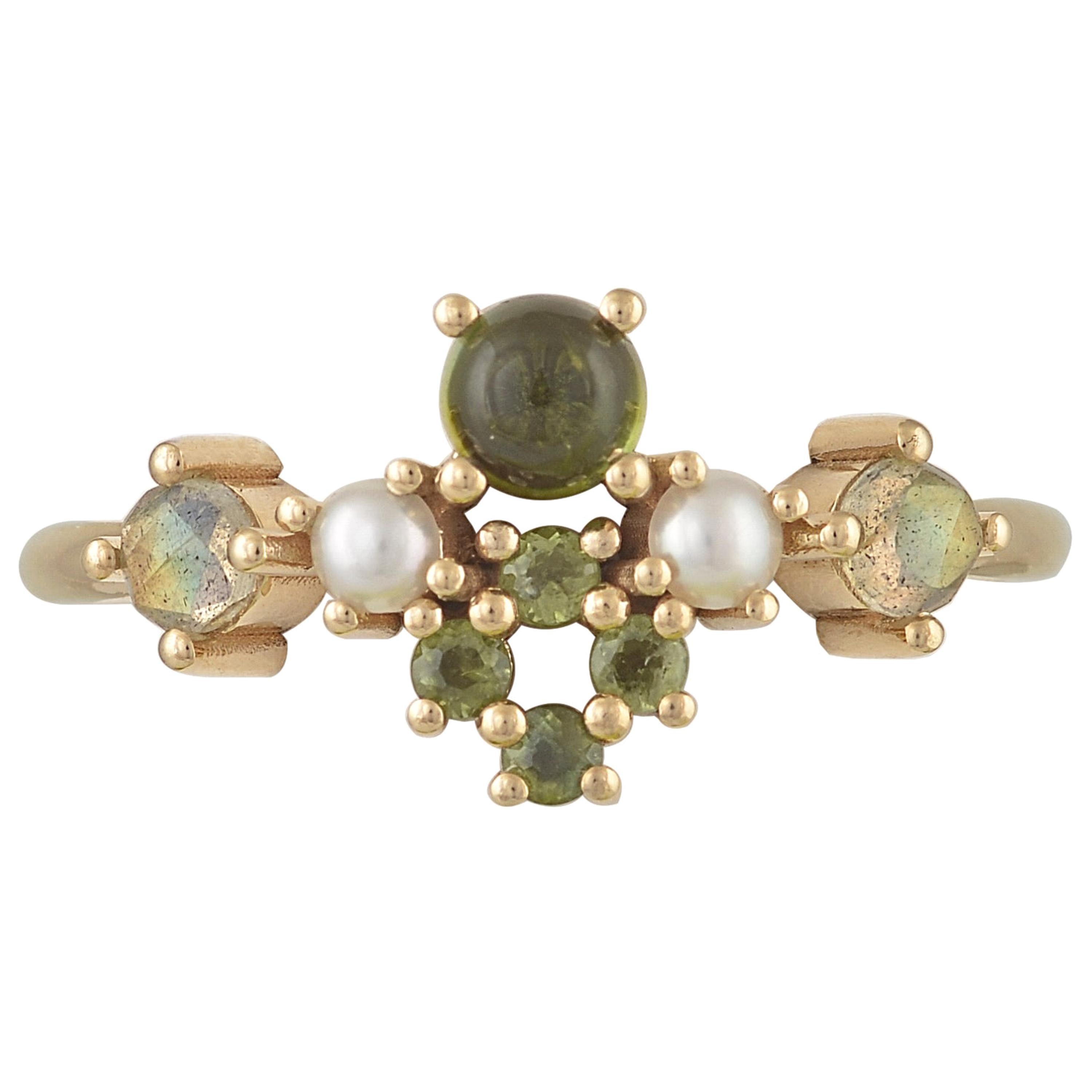 Colourful 18 Karat Gold Ring with Tourmalines, Labradorites and Cultured Pearls