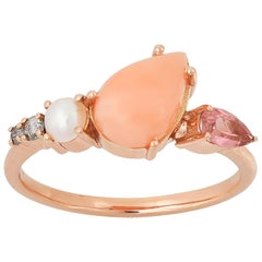 Colourful 18 Karat Rose Gold Ring with Coral, Diamonds, Pearl and Tourmaline