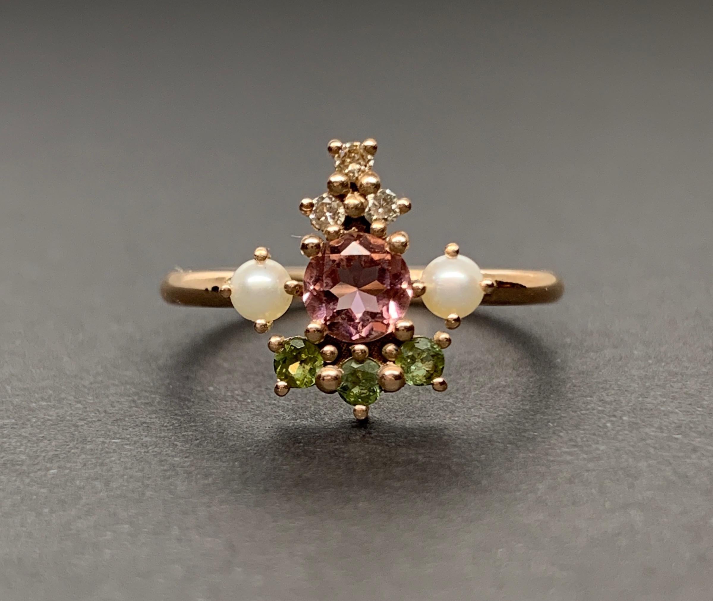 Contemporary Colourful 18 Karat Rose Gold Ring with Tourmalines, Diamonds and Cultured Pearls
