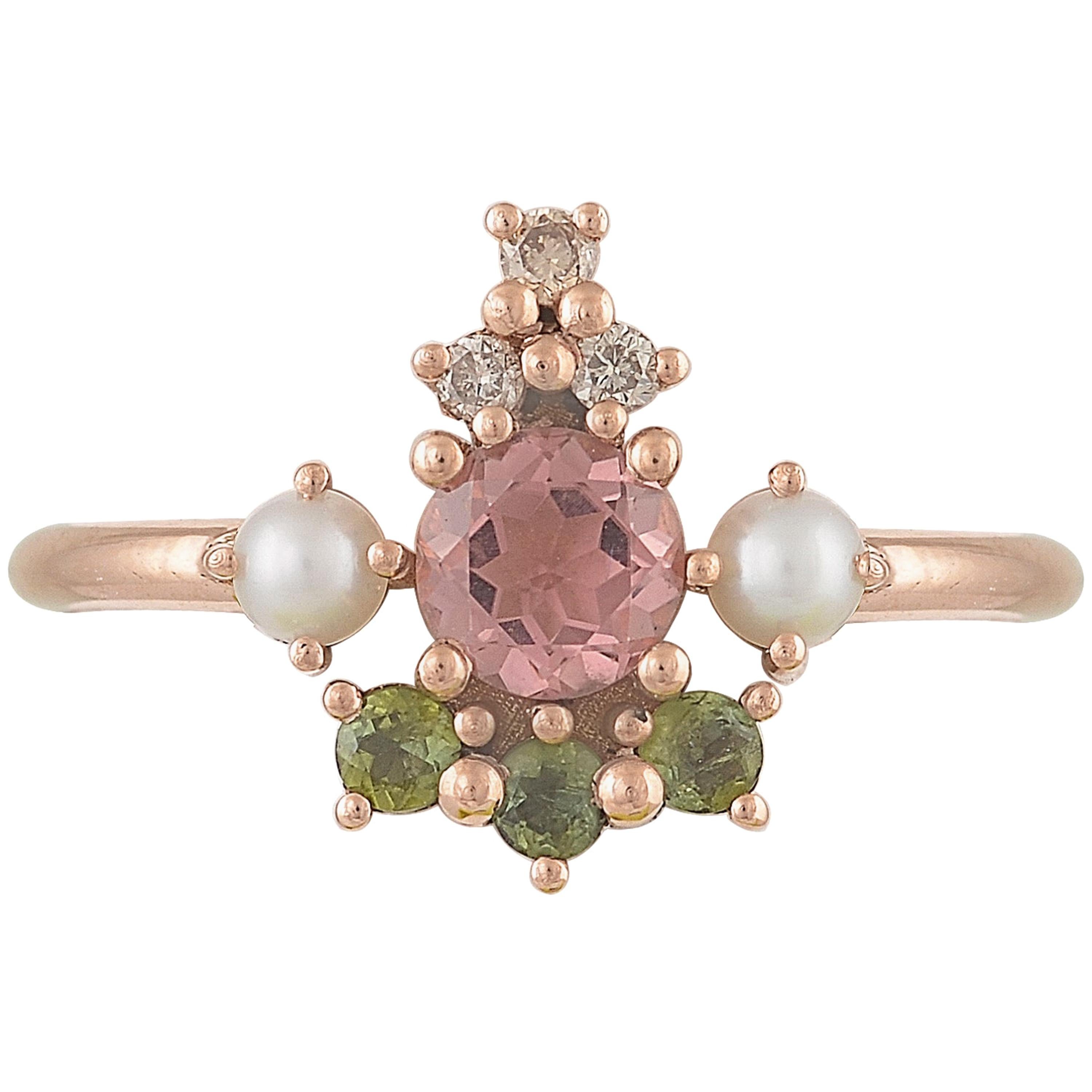 Colourful 18 Karat Rose Gold Ring with Tourmalines, Diamonds and Cultured Pearls