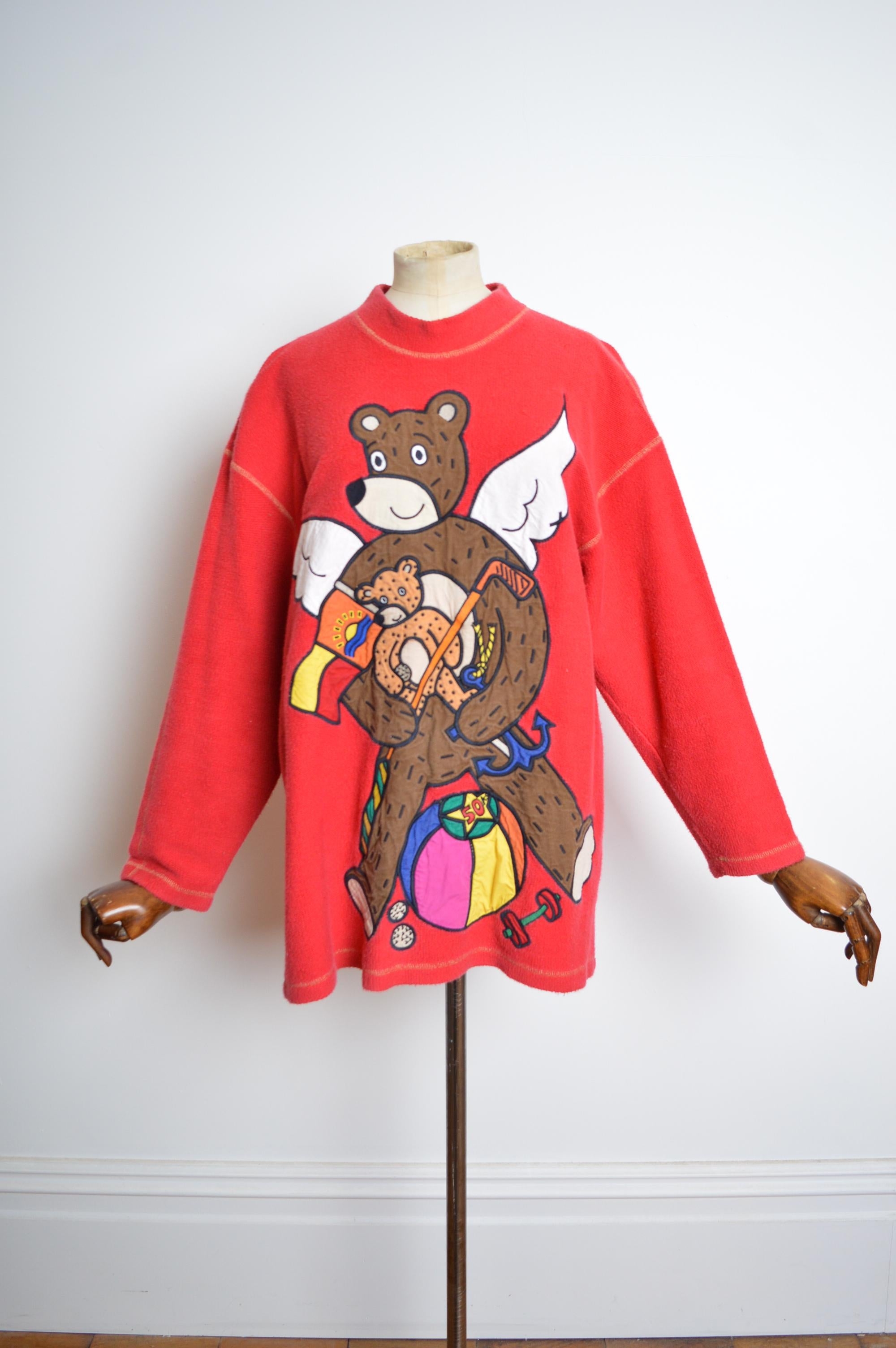 Rouge Pull Pull Teddy Bear rouge coloré Jean Charles Castelbajac des années 1990 en vente