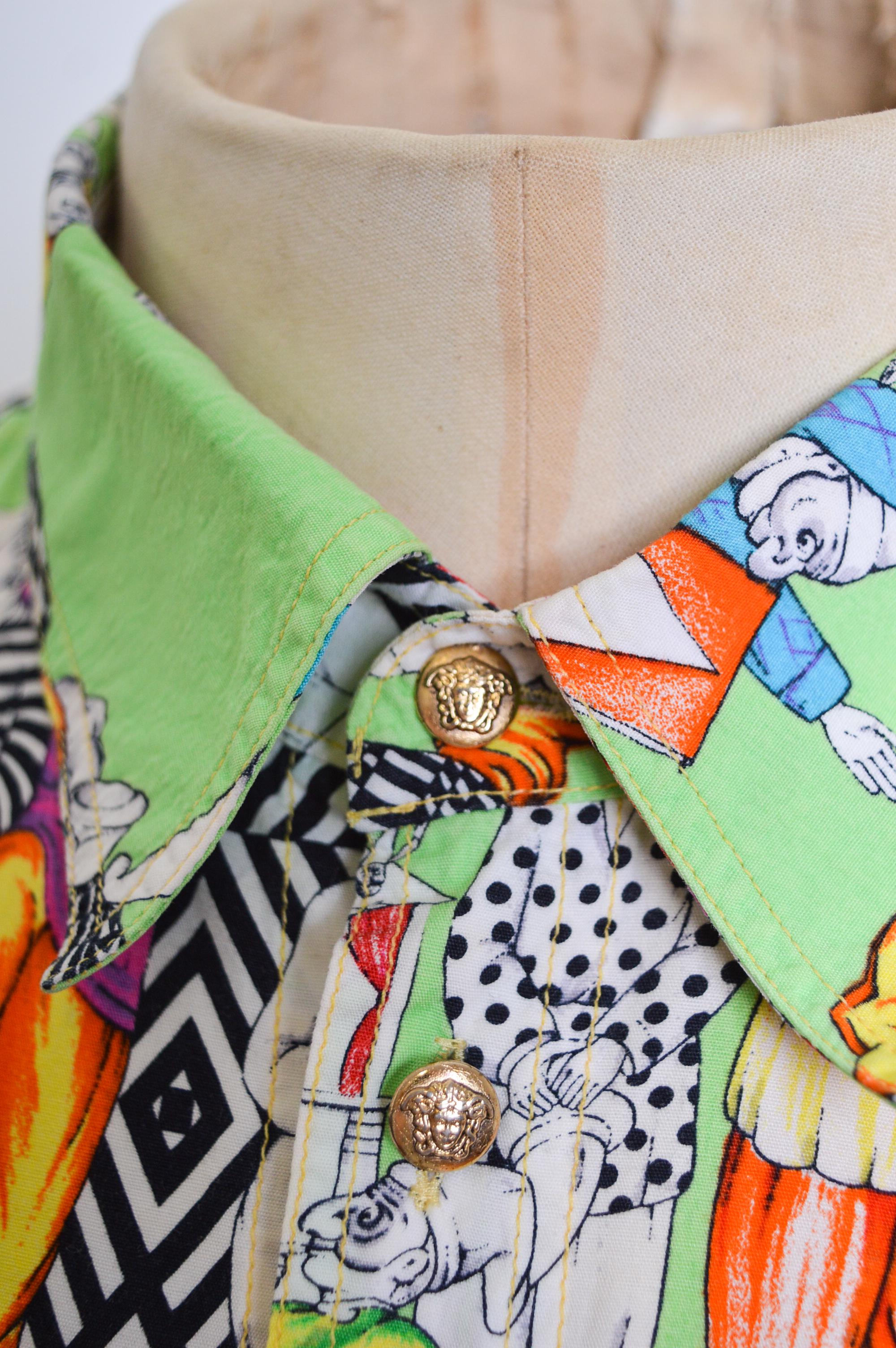 Colourful 1990's Vintage VERSACE Garden Gnome Clown Pattern long sleeve Shirt 5