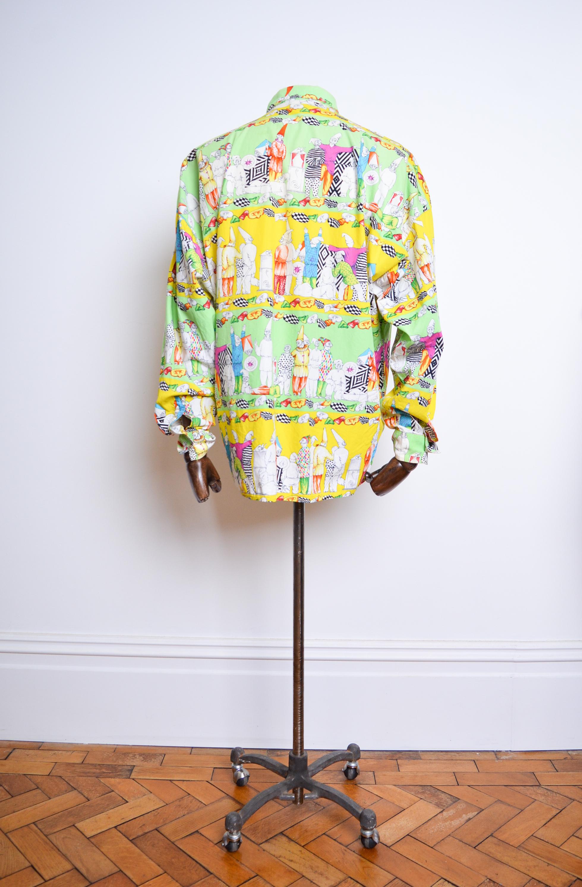 Colourful 1990's Vintage VERSACE Garden Gnome Clown Pattern long sleeve Shirt For Sale 8
