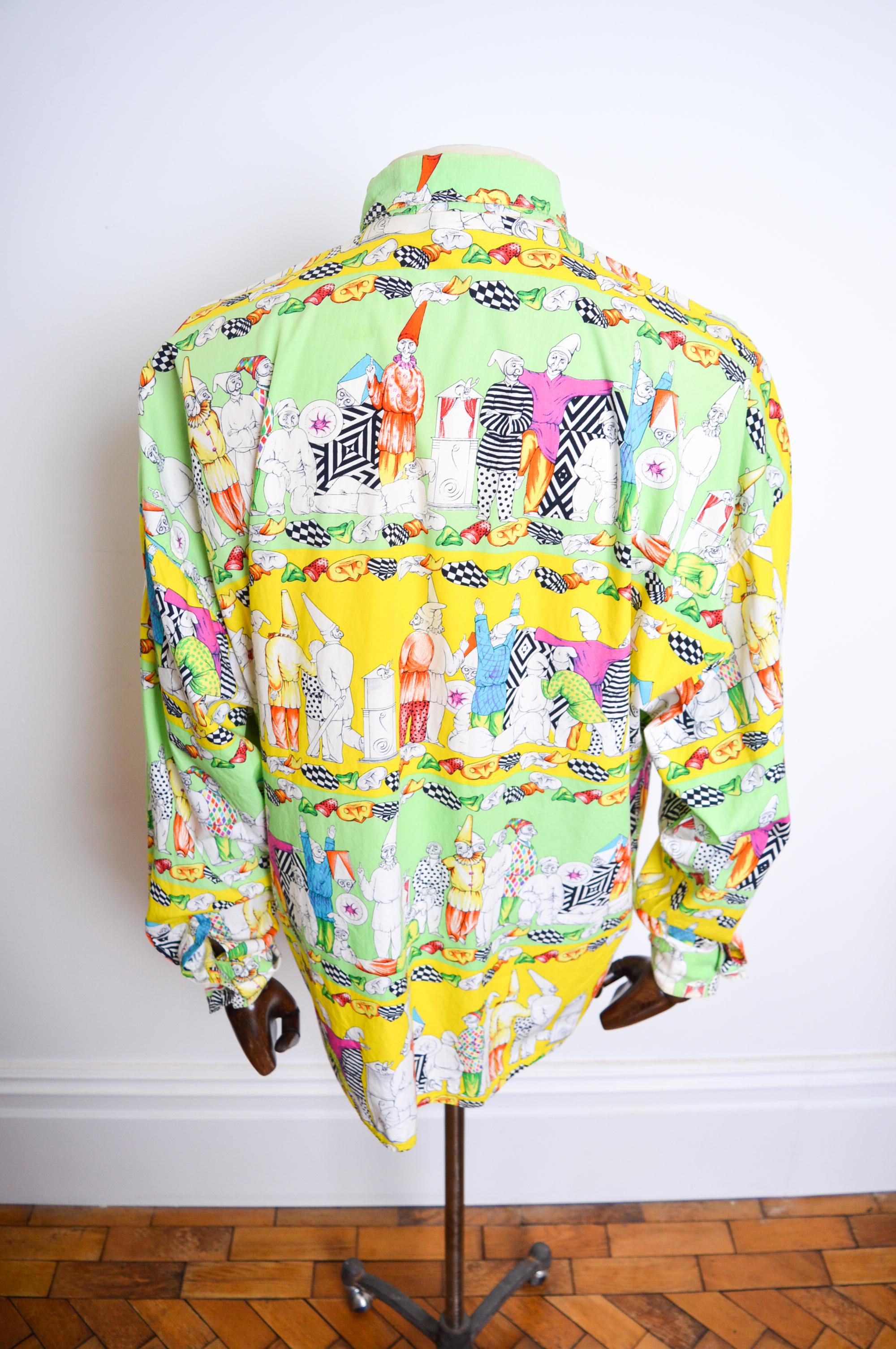 Colourful 1990's Vintage VERSACE Garden Gnome Clown Pattern long sleeve Shirt 8