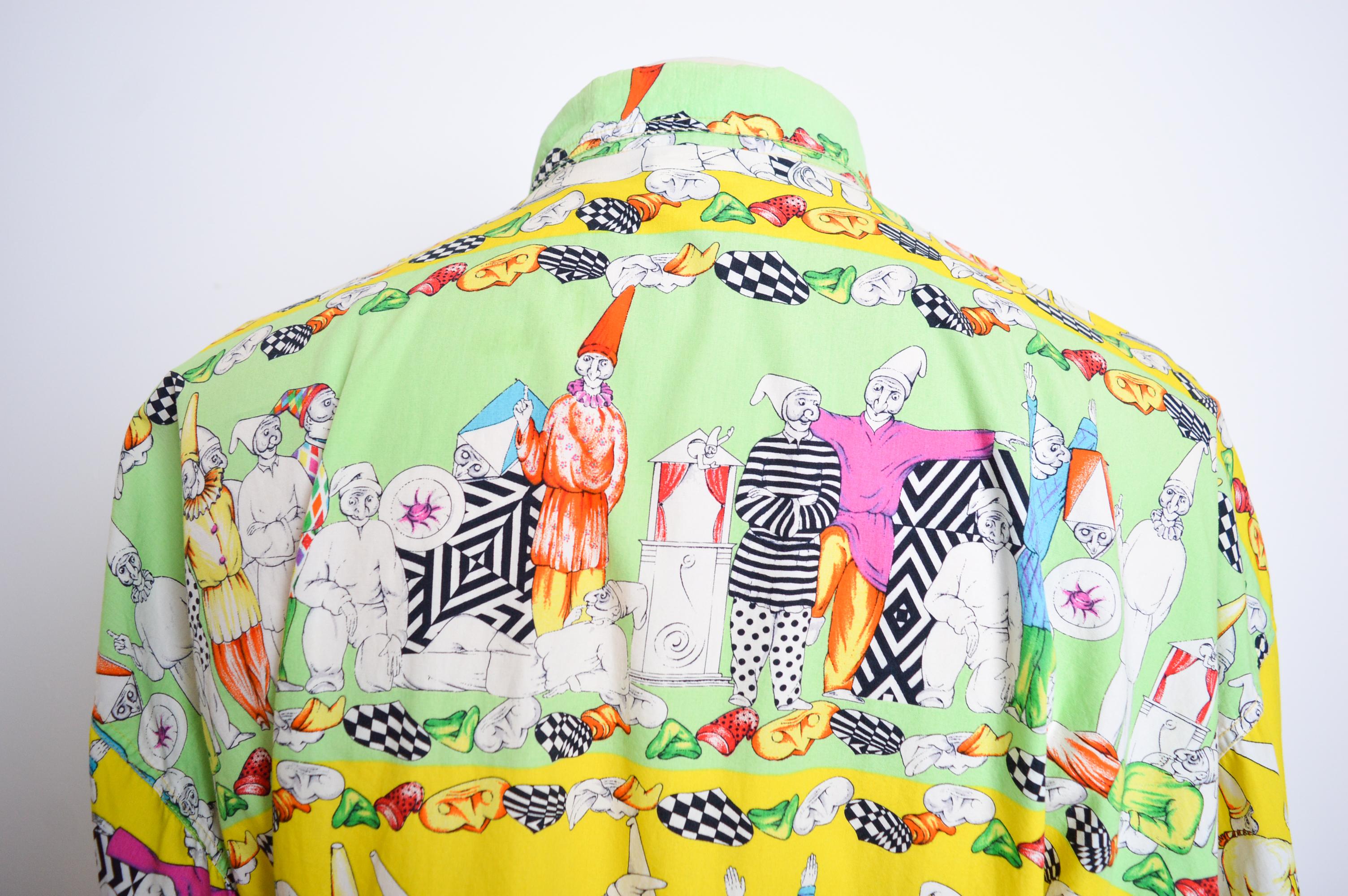 Colourful 1990's Vintage VERSACE Garden Gnome Clown Pattern long sleeve Shirt 9