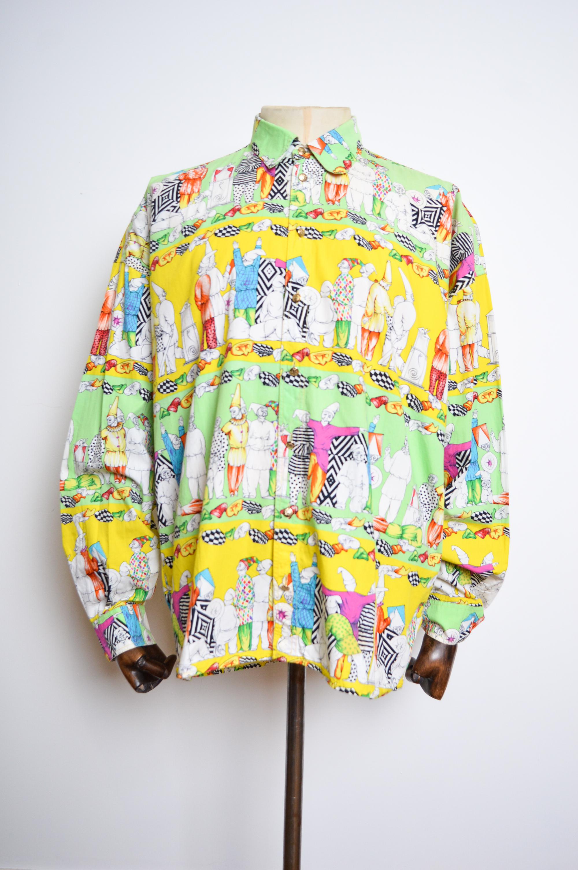 Colourful 1990's Vintage VERSACE Garden Gnome Clown Pattern long sleeve Shirt For Sale 13