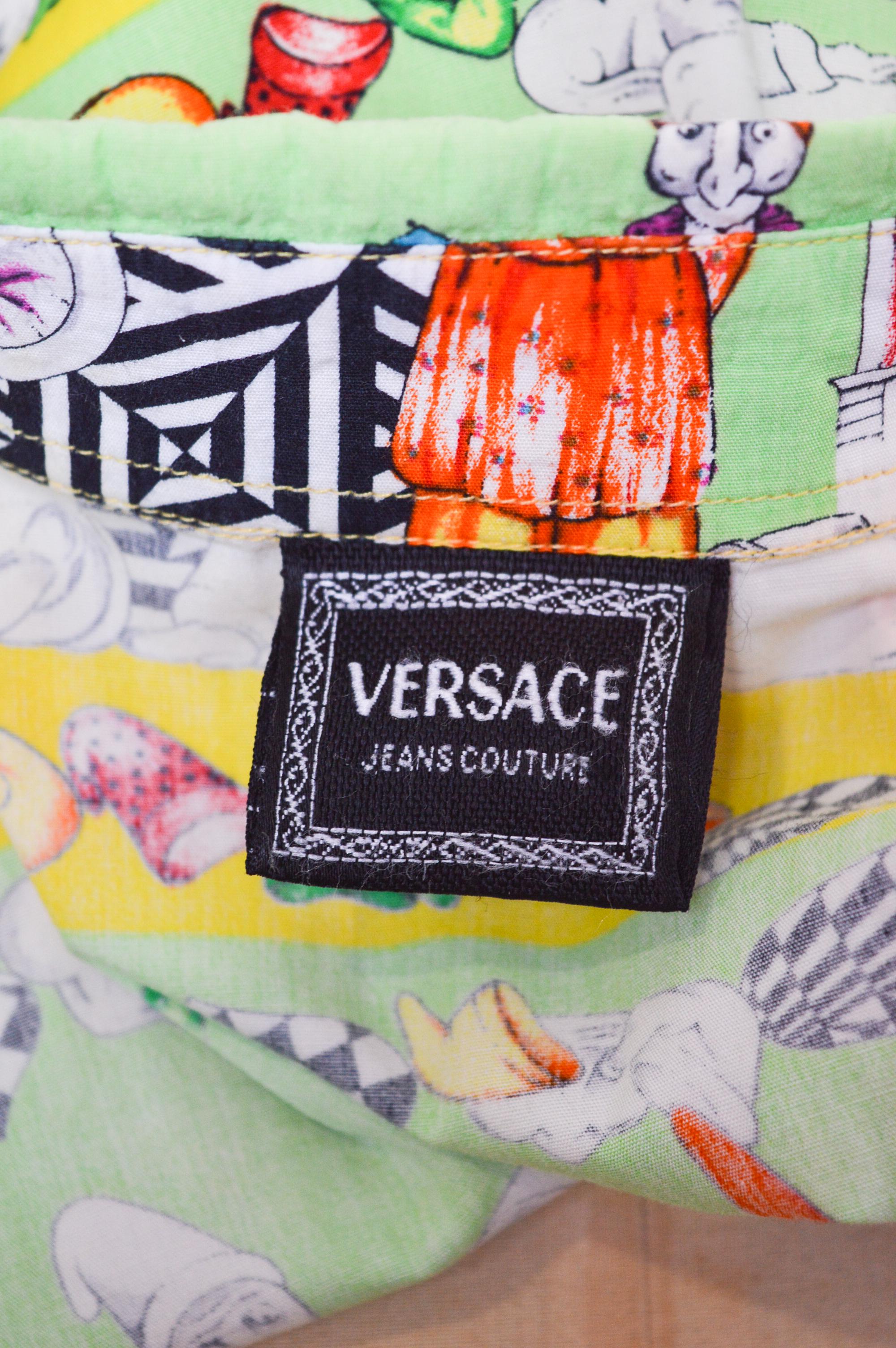 Colourful 1990's Vintage VERSACE Garden Gnome Clown Pattern long sleeve Shirt In Good Condition For Sale In Sheffield, GB