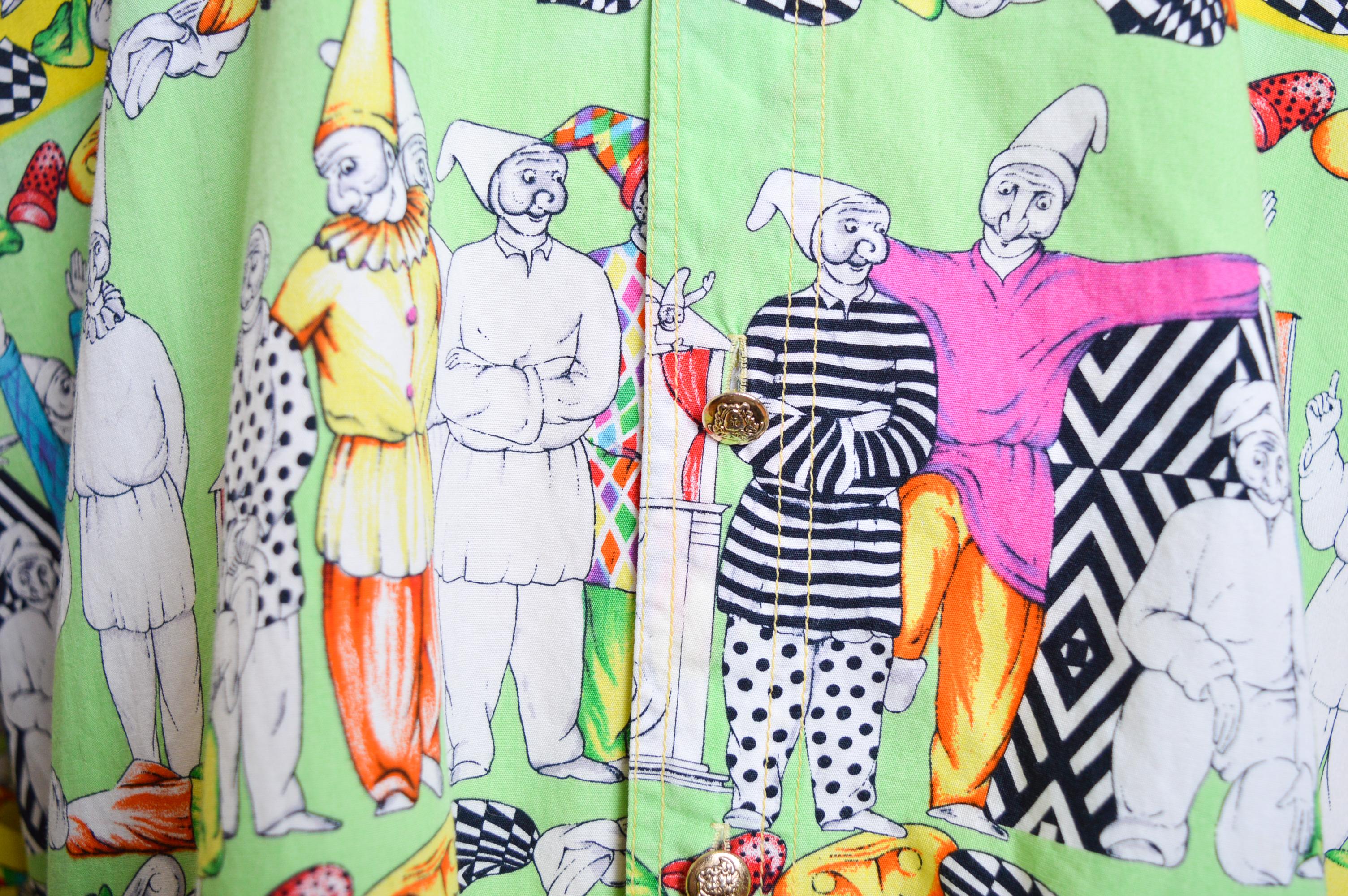 Men's Colourful 1990's Vintage VERSACE Garden Gnome Clown Pattern long sleeve Shirt