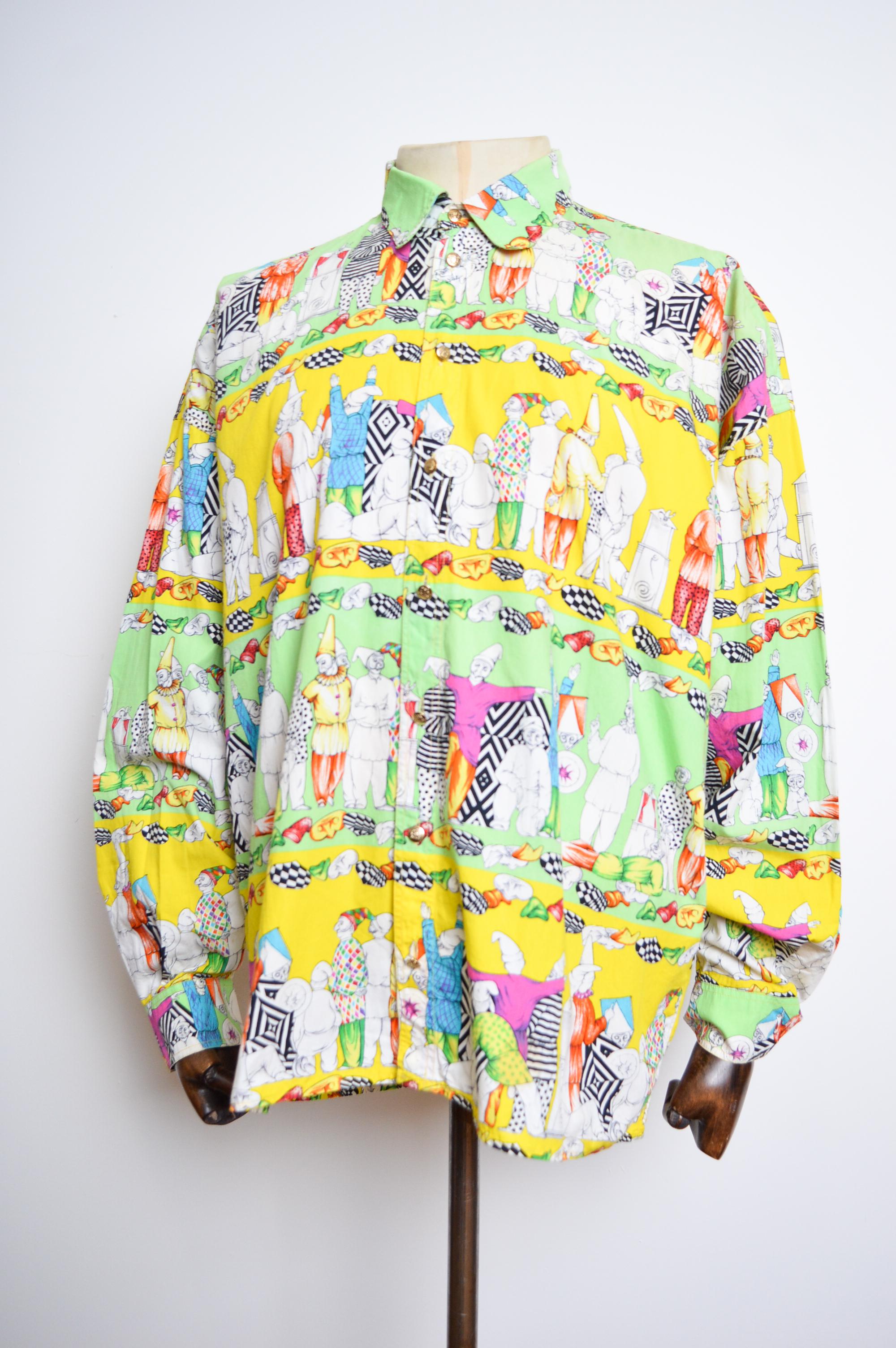 Colourful 1990's Vintage VERSACE Garden Gnome Clown Pattern long sleeve Shirt For Sale 2