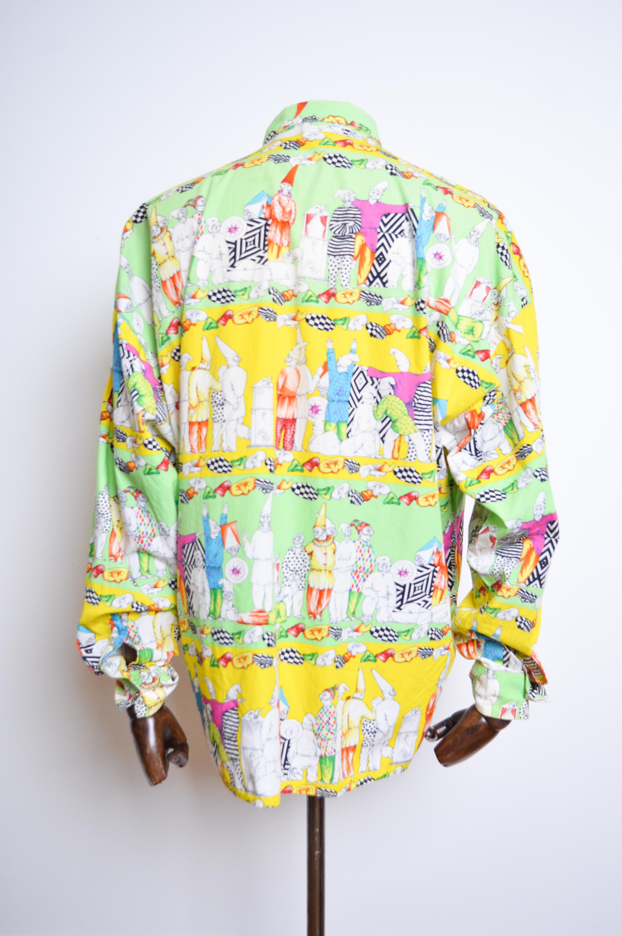 Colourful 1990's Vintage VERSACE Garden Gnome Clown Pattern long sleeve Shirt For Sale 4