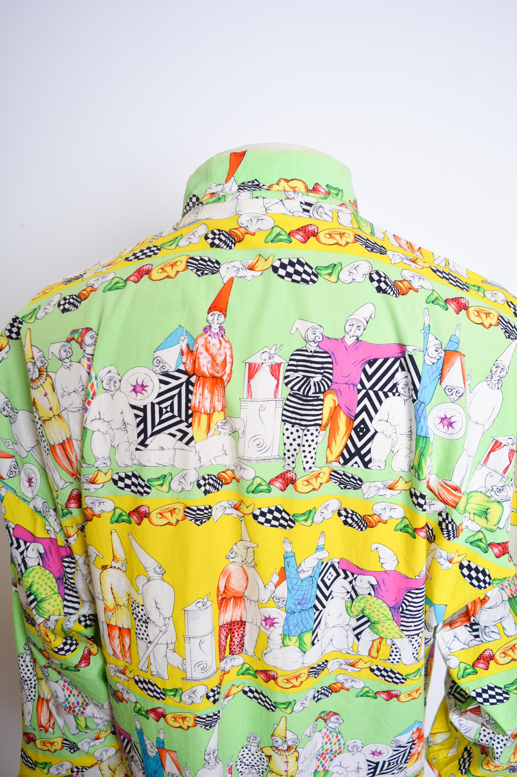 Colourful 1990's Vintage VERSACE Garden Gnome Clown Pattern long sleeve Shirt For Sale 5