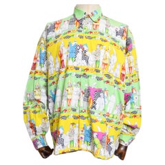 VERSACE Chemise vintage colorée à manches longues à motif clown de jardin des années 1990
