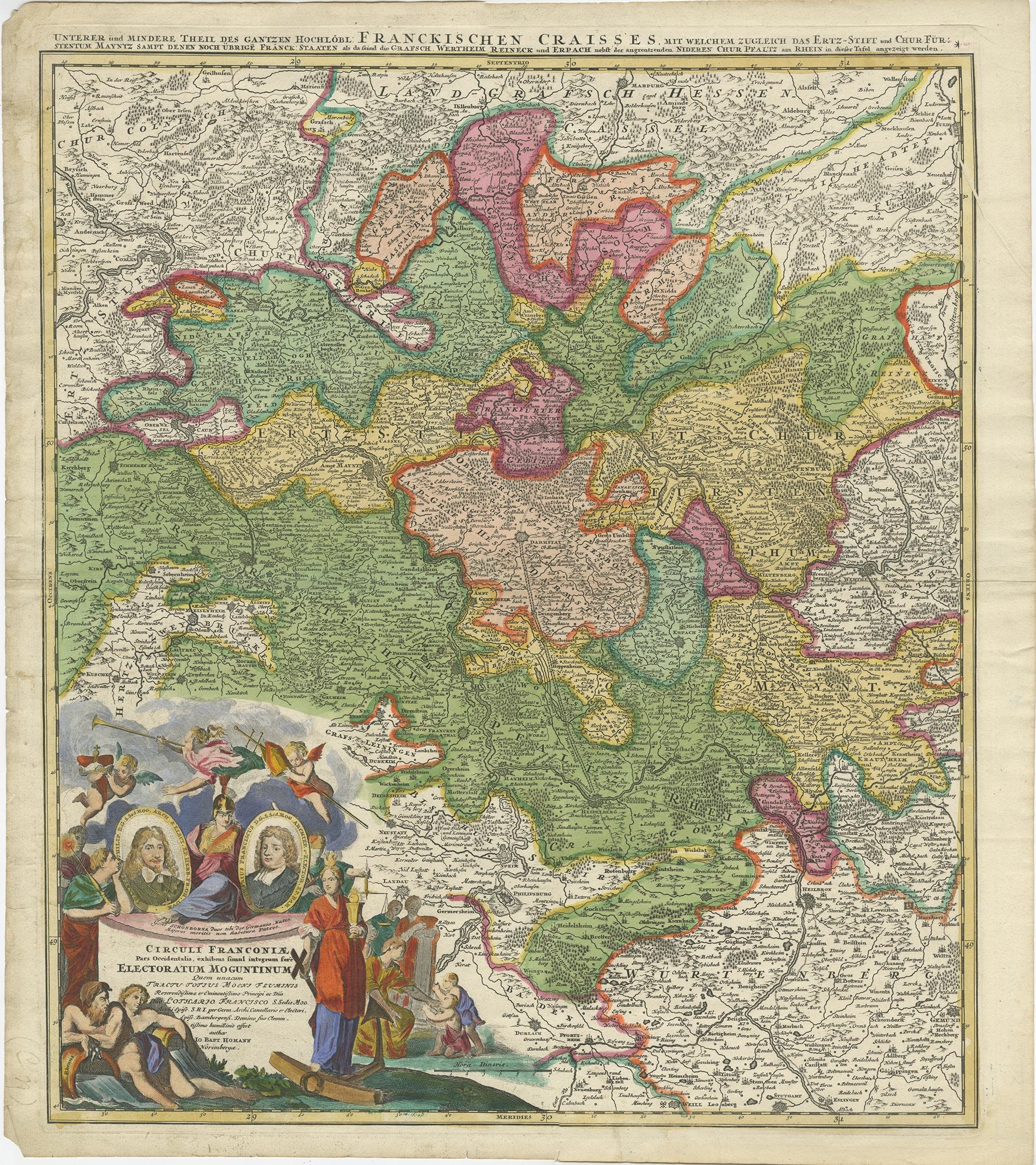 Antique map titled 'Circuli Franconiae pars Occidentalis, exhibes simul integrum fere Electoratum Moguntinum (..)'. 

Antique map centered on Nuremberg and Bamberg. Extends from the Donau in the South (showing Regensberg, Ingolstatt and