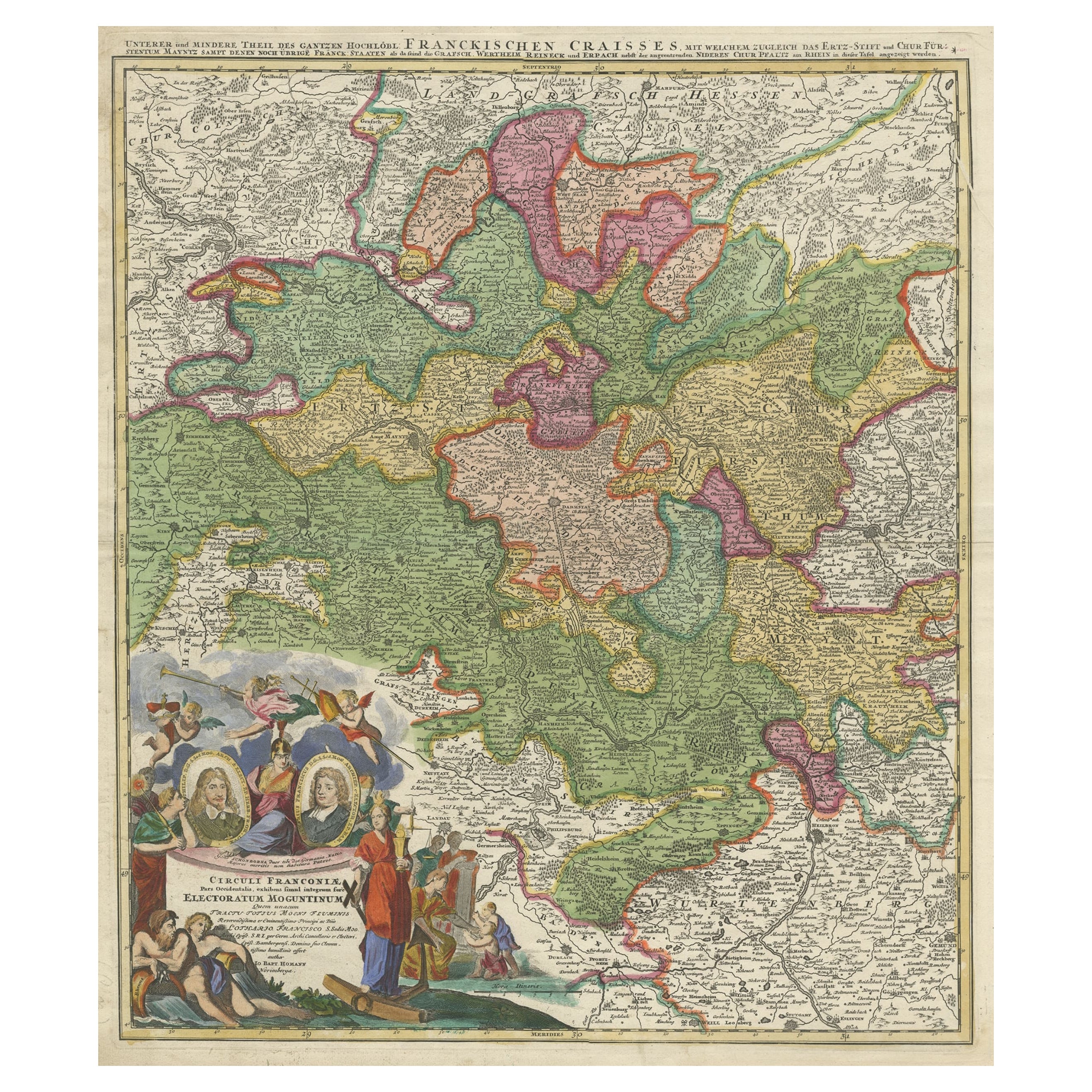 Mappa antica colorata centrata su Norimberga e Bamberga in Germania, 1703 ca.