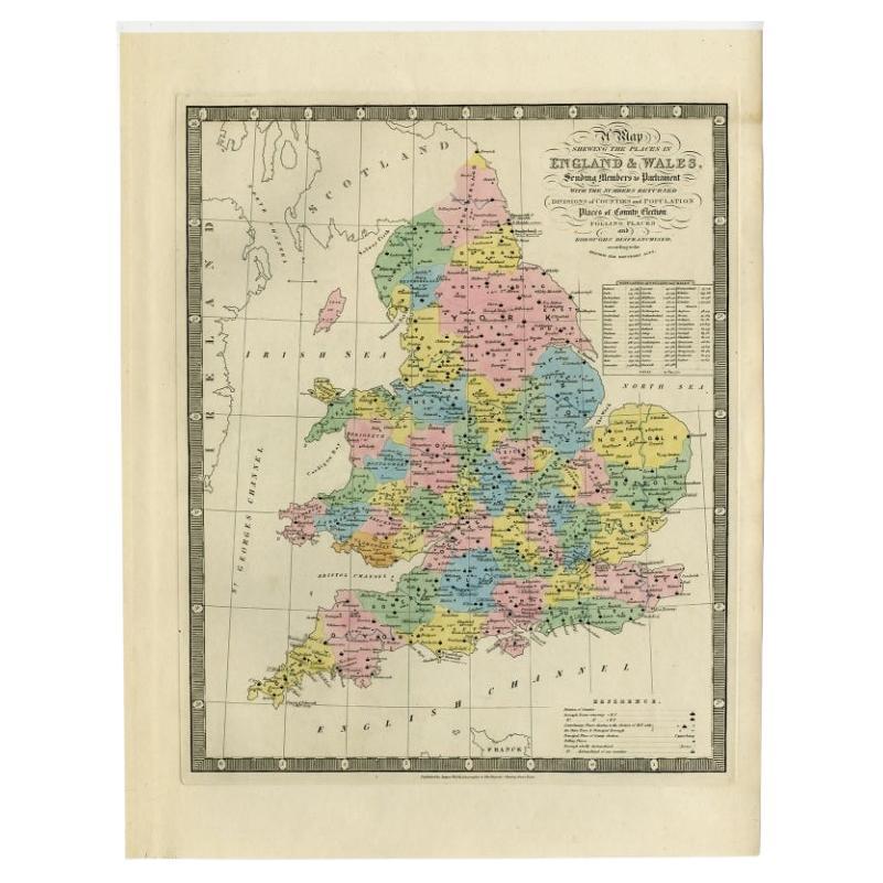 Antique map titled 'A Map Shewing the Places in England & Wales Sending Members to Parliament with the numbers returned, divisions of counties and population, places of county election, polling places and boroughs disfranchised according to the