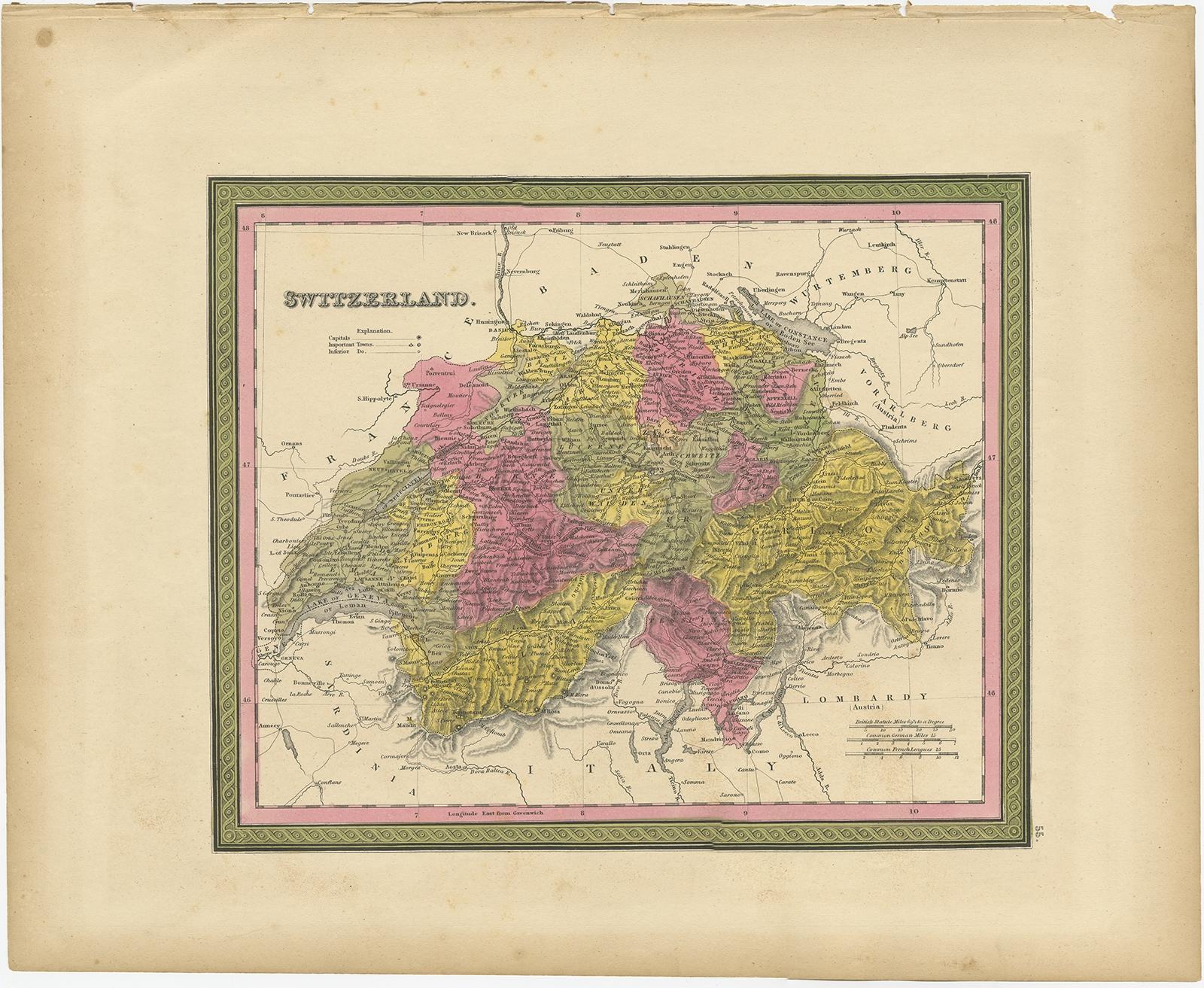 Antique map titled 'Switzerland'. Old map of Switzerland. 

This map originates from 'A New Universal Atlas Containing Maps of the various Empires, Kingdoms, States and Republics Of The World (..) by S.A. Mitchell. 

Artists and Engravers: