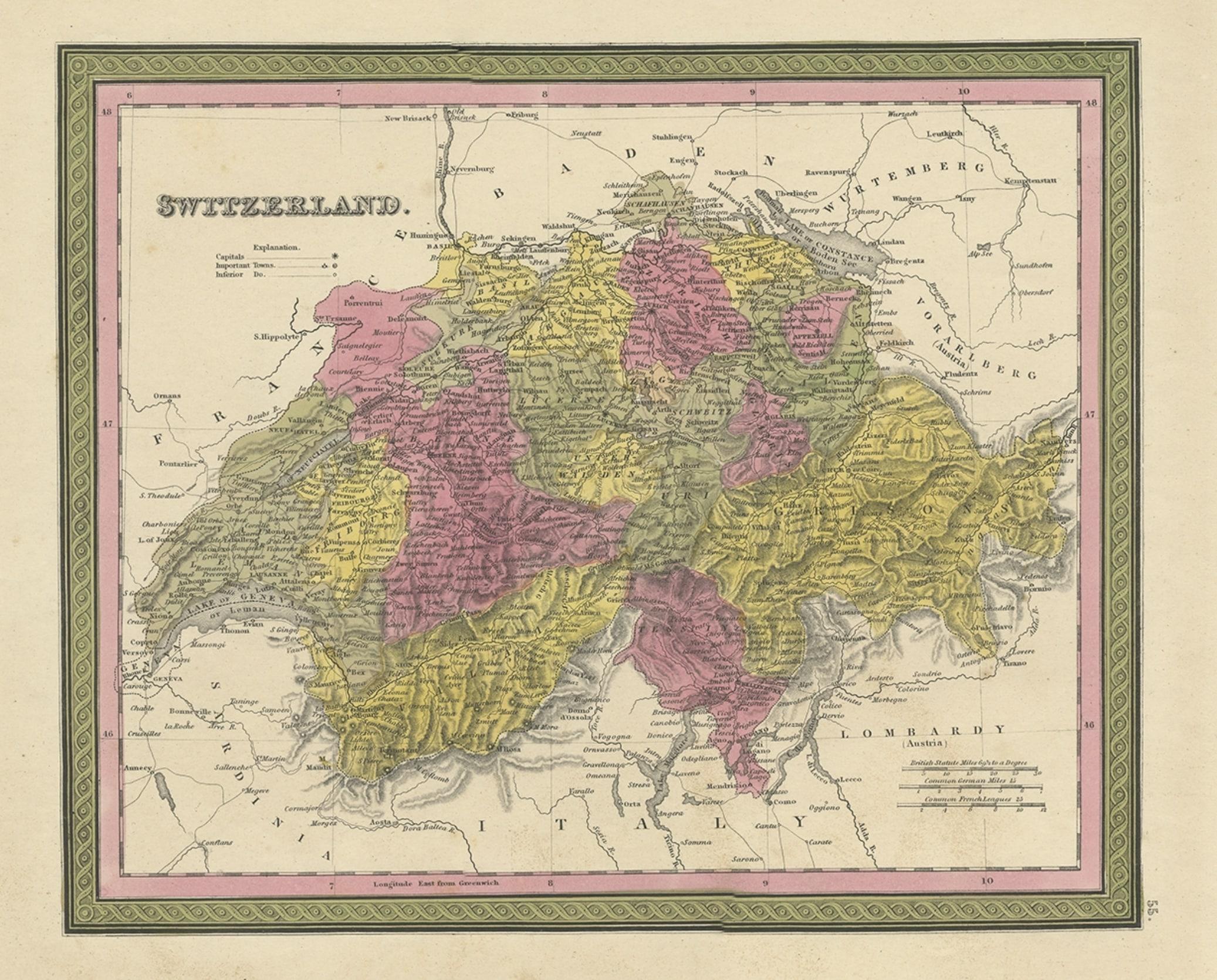 Colourful Antique Map of Switzerland, 1846 In Good Condition For Sale In Langweer, NL