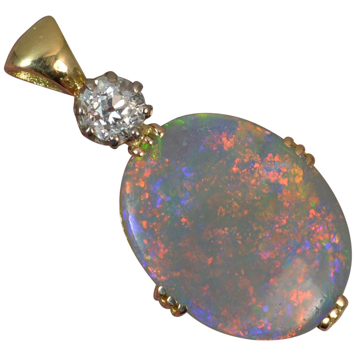 Colourful Black Opal Old Cut Diamond 18 Carat Gold Pendant