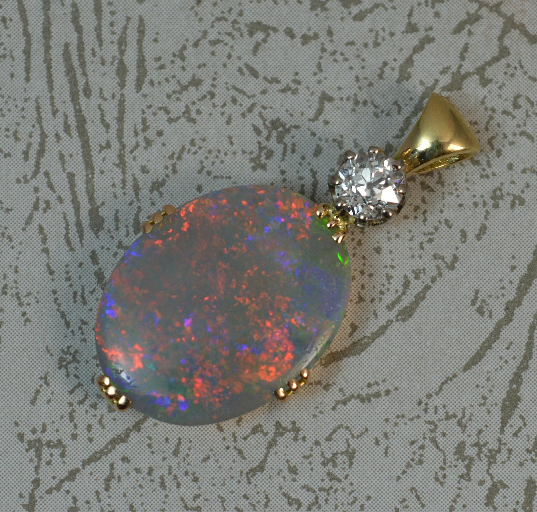 Colourful Black Opal Old Cut Diamond 18 Carat Gold Pendant 5