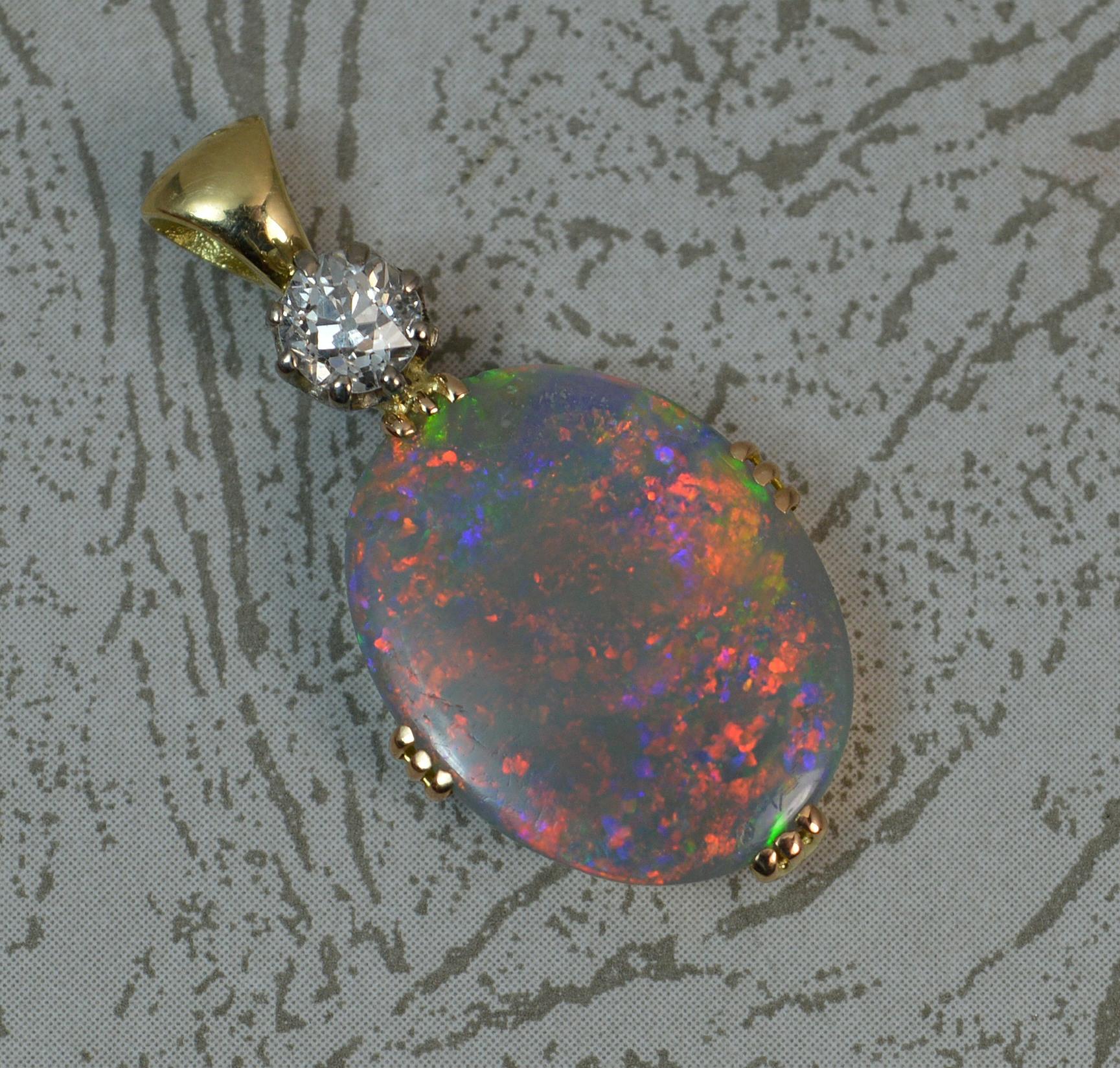 Colourful Black Opal Old Cut Diamond 18 Carat Gold Pendant 6