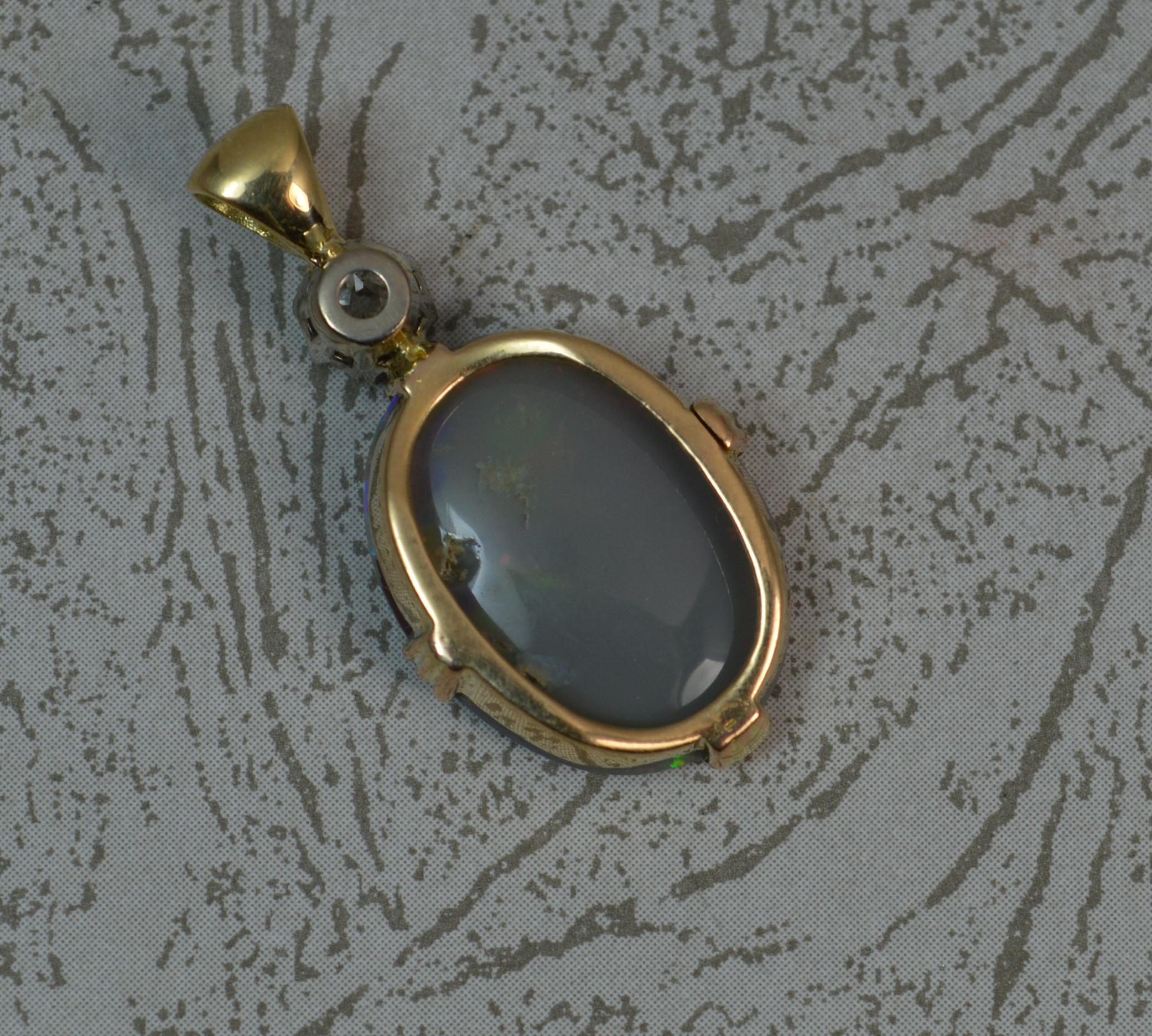 Colourful Black Opal Old Cut Diamond 18 Carat Gold Pendant 7