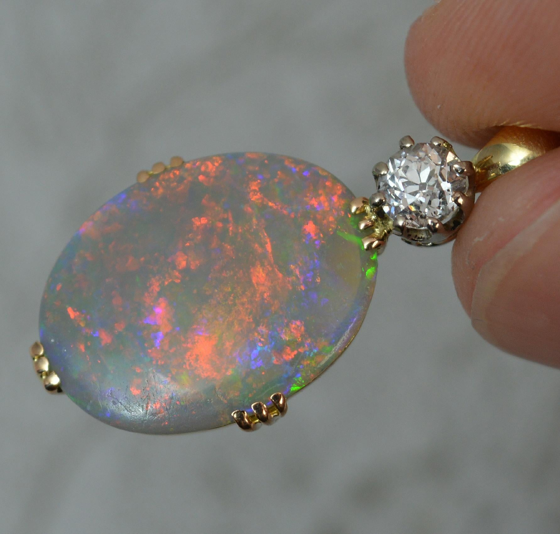 Colourful Black Opal Old Cut Diamond 18 Carat Gold Pendant In Excellent Condition In St Helens, GB