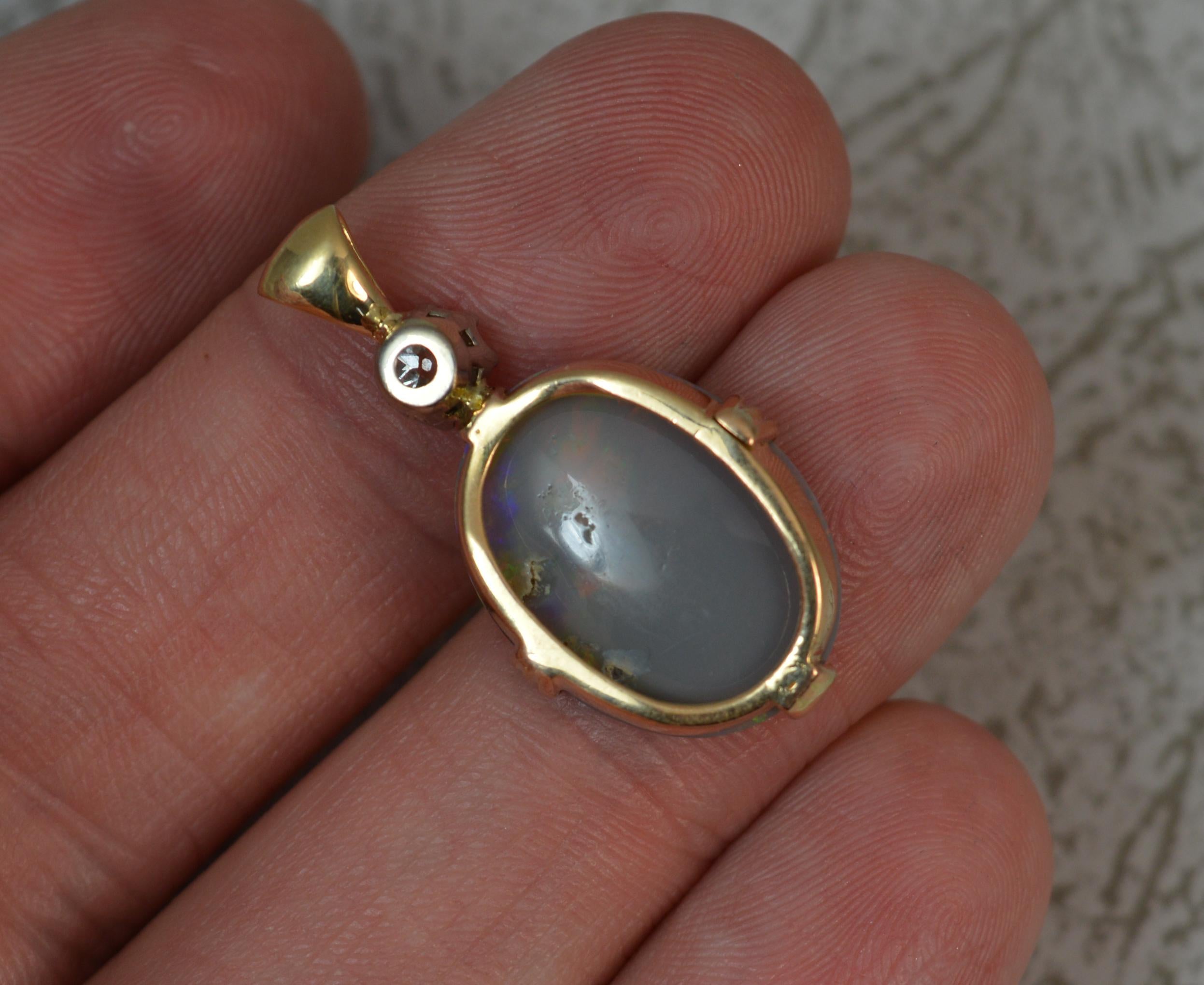 Colourful Black Opal Old Cut Diamond 18 Carat Gold Pendant 2