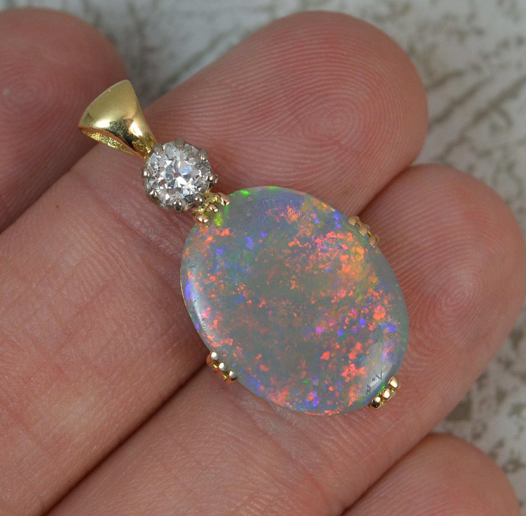 Colourful Black Opal Old Cut Diamond 18 Carat Gold Pendant 3