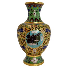 Colourful Chinese Mid Century Champleve and Cloissone Gilded Brass Vase