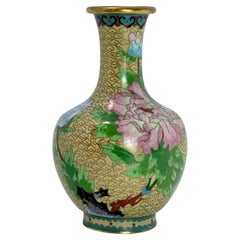 Colourful Chinese Mid Century Floral Cloissone and Brass Vase