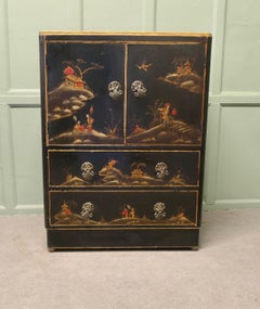 Colourful Early 20th Century Black Chinoiserie Lacquer Cupboard