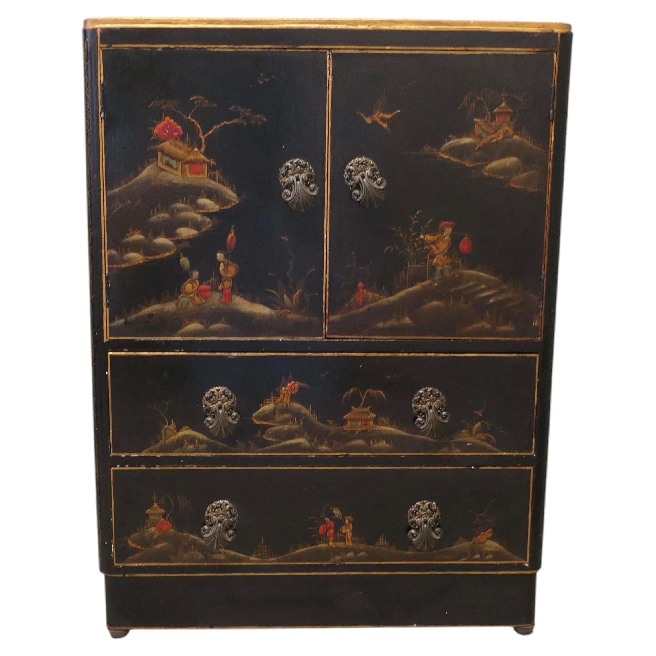 Colourful Early 20th Century Black Chinoiserie Lacquer Cupboard For Sale