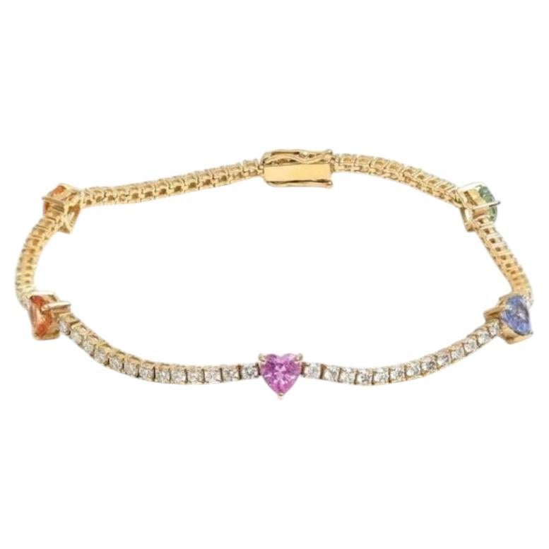 2.28ct Heart Multicolor Sapphire & Diamond Yellow Gold Bracelet For Sale