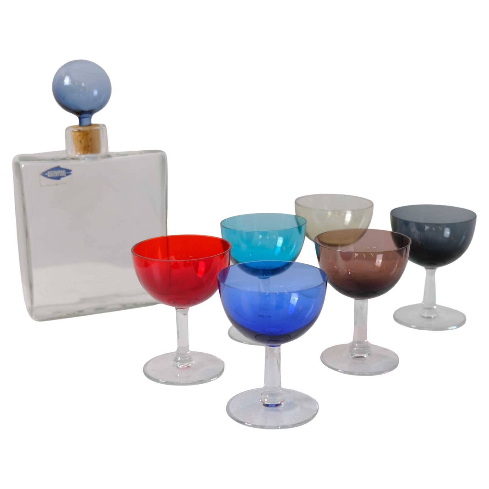 Colourful Kaj Franck Bottle
Saara Hopea Liqueur Glasses, Nuutajärvi 1950s