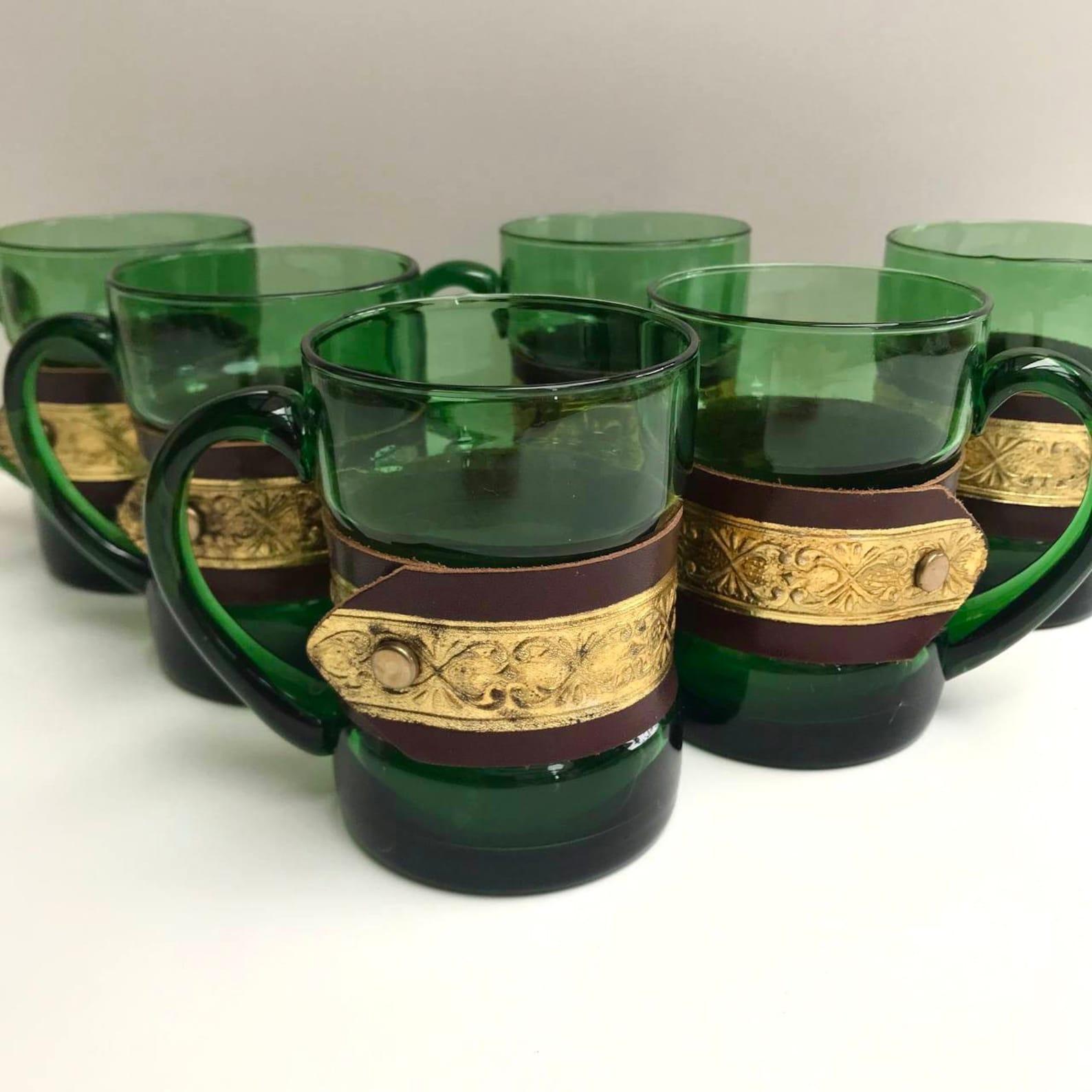 Mid-Century Modern Colourful Large Glass Mugs Vintage Emerald Mug Set of 6, France For Sale
