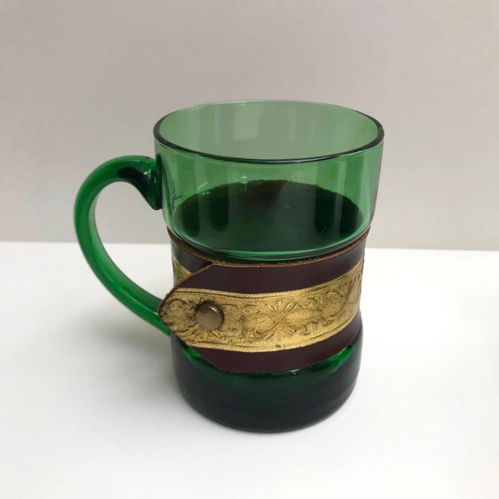 French Colourful Large Glass Mugs Vintage Emerald Mug Set of 6, France For Sale