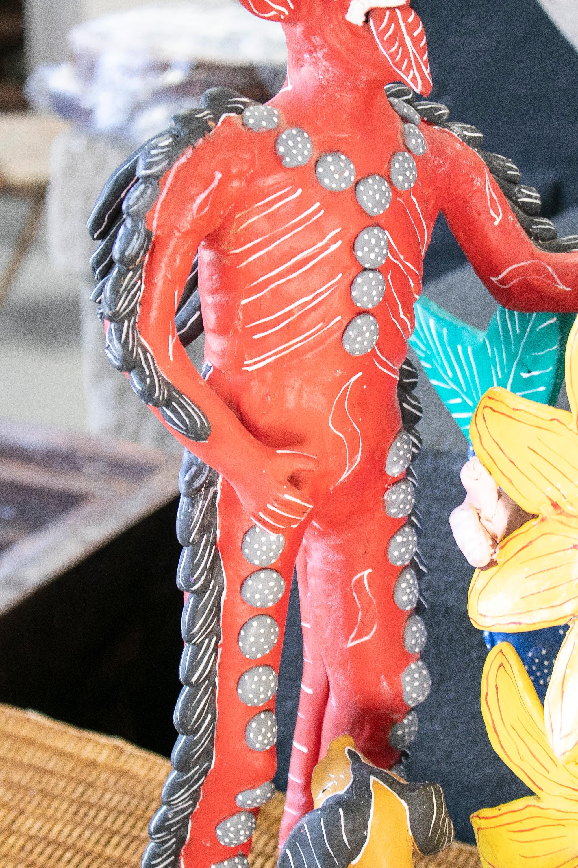 Colourful Mexican Handmade Terracotta Sculpture w/ Demon & Mermaid Figures For Sale 2