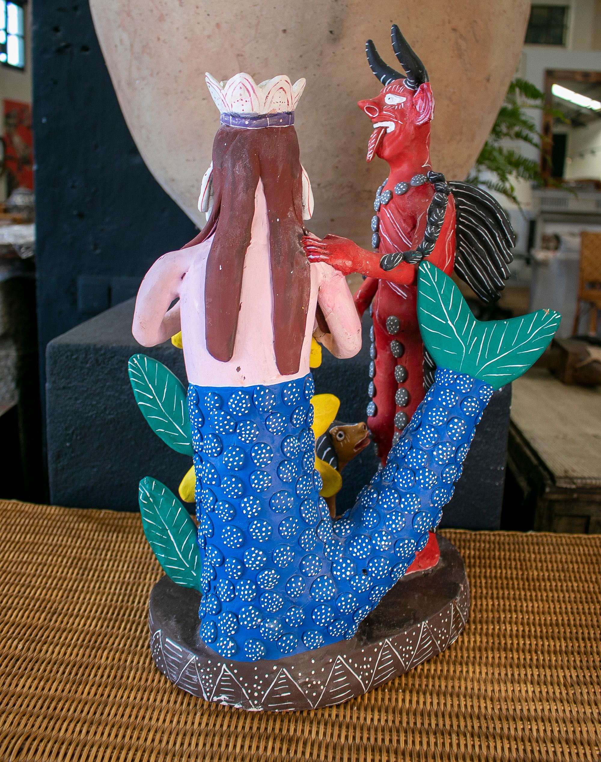 Colourful Mexican Handmade Terracotta Sculpture w/ Demon & Mermaid Figures For Sale 3