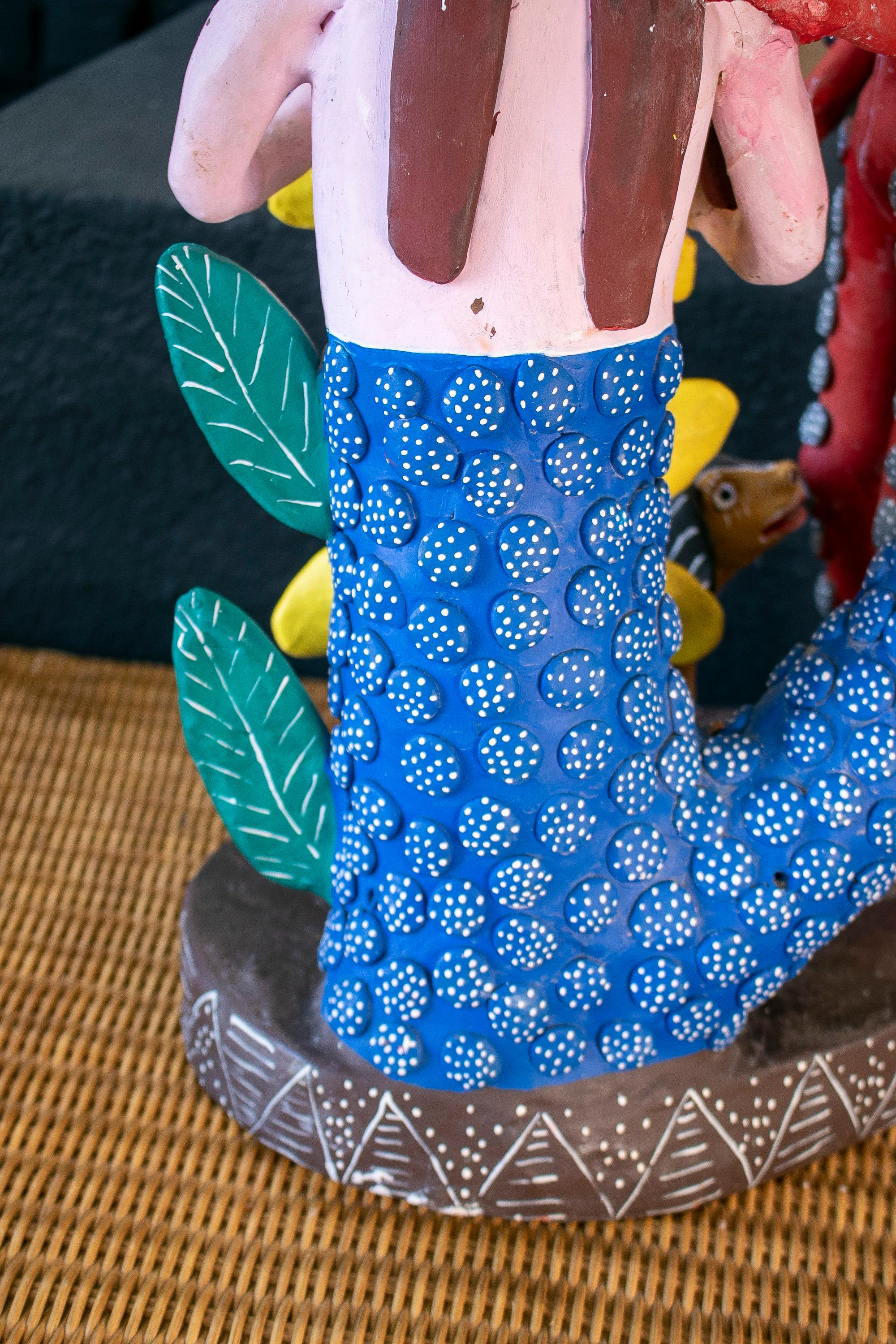 Colourful Mexican Handmade Terracotta Sculpture w/ Demon & Mermaid Figures For Sale 5