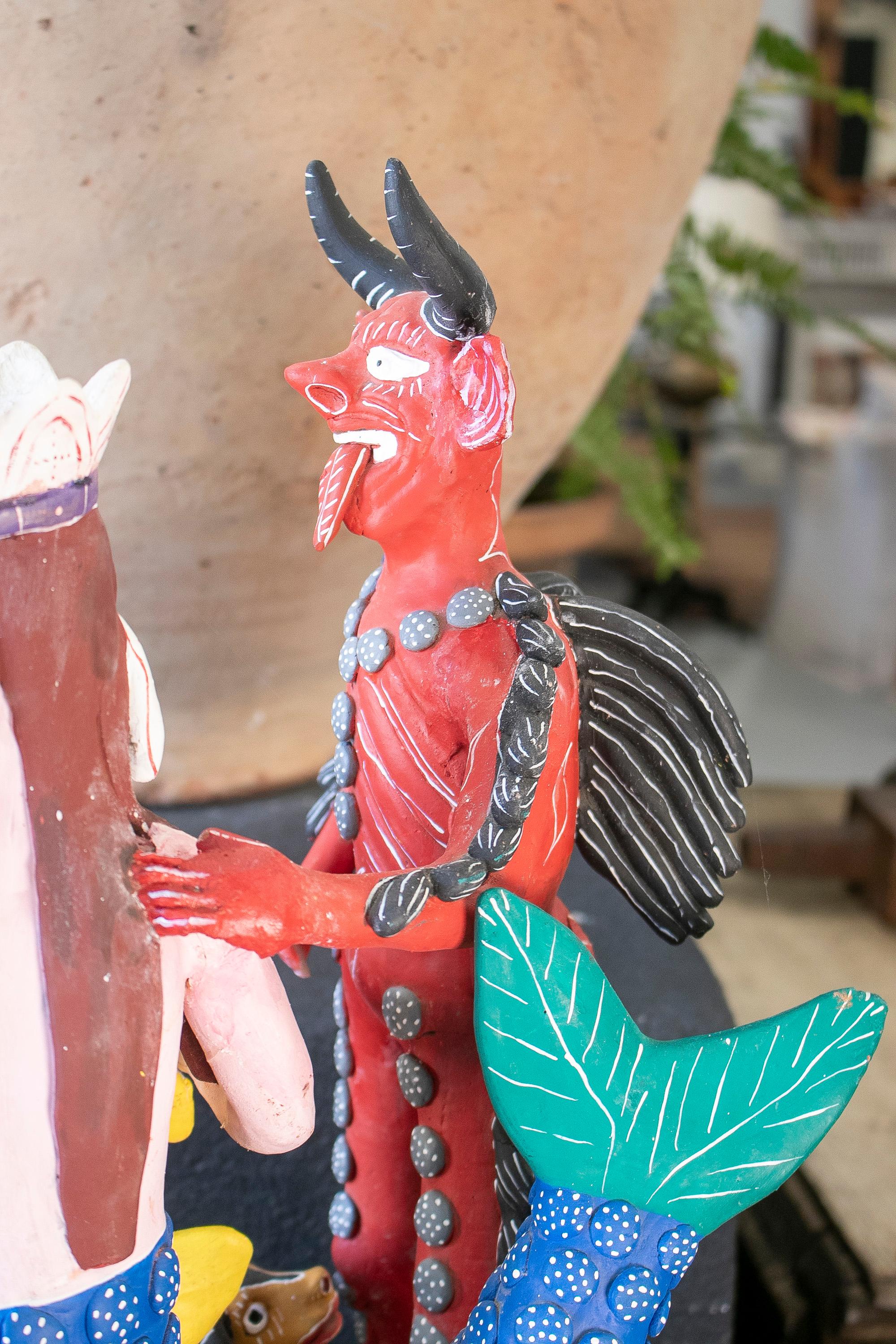 Colourful Mexican Handmade Terracotta Sculpture w/ Demon & Mermaid Figures For Sale 6